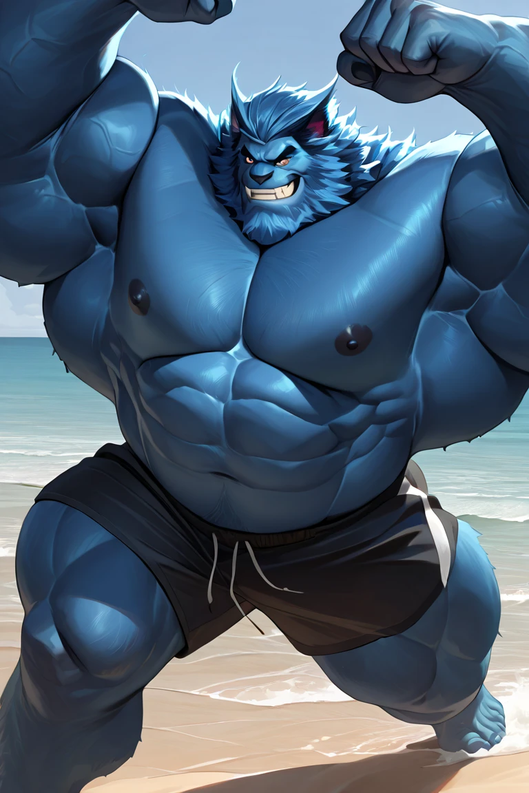 Posing on the beach。The sunlight was shining on my body。Watching from the front。Place your left arm with your biceps parallel to the ground.、He raises his fist to the height of his head and bends his elbow to form a bicep on his bicep.。His right arm is also bent so that his fist hits the right side of his waist.。The back is large and the body is shaped like an inverted triangle.。The chest is also trained、It is the size of an iron ball。nipples are dark blue。The lower limbs are stood with the toes slightly apart, with the feet apart.、Keep your bare feet firmly on the ground from the toes to the heel.。The thighs are also strong and strong like logs.。She is wearing a small, tight blue thong.、He managed to hide his big erect cock.。Every part of your body is trained。skin is oily and light。His face is facing towards me.、I can see blue eyes in the whites of my eyes。