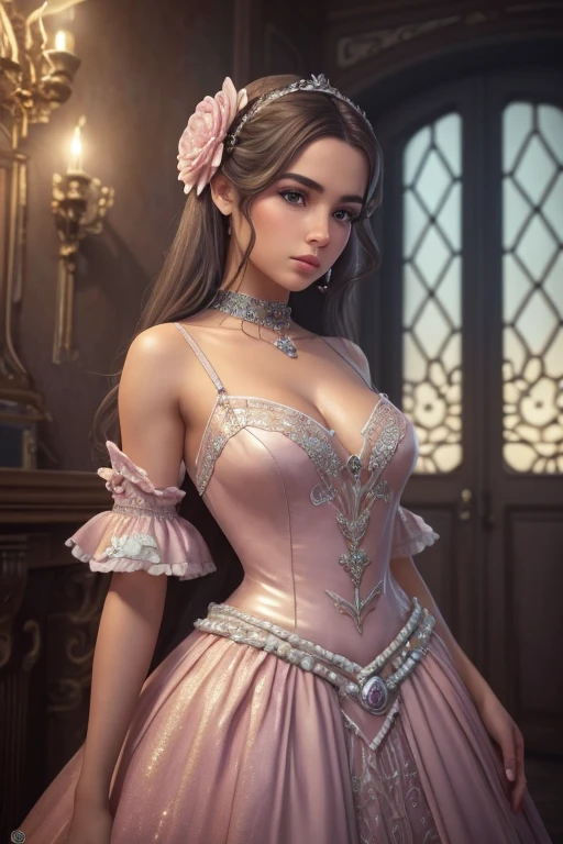 240710B. Masterpiece. A hyper realistic image of Claire. Beautiful woman. ((Perfect body)). Sexy. Slim. ((Solo)). ((Final Fantasy. In the Grand, crystal-lit ballroom with high ceilings and chandeliers. Standing gracefully by a crystal pillar, dress flowing around her. Elegant, flowing pink dress with soft ruffles and intricate embroidery, reminiscent of fantasy attire. Pink sheer stockings. Hairstyle: Half-up, half-down with loose curls. Makeup: Soft pink eyeshadow, glossy lips. Crystal pendant, silver bangles.)). (See-through, bare pantyhose). ((Show erected small areolas thru clothes)). ((Show trimmed vulva)). ((Divine features, oval face)). Graceful presence. (Captivating and perfect grey eyes). (Silky ginger hair). Rosy tint complexion. Captivating smile with enchanting lips. Slender figure. ((Perfect hands)). Sense of style with alluring charm. Effortless elegance, sophisticated. ((High fashion image)). (((((Cowboy shot))))).