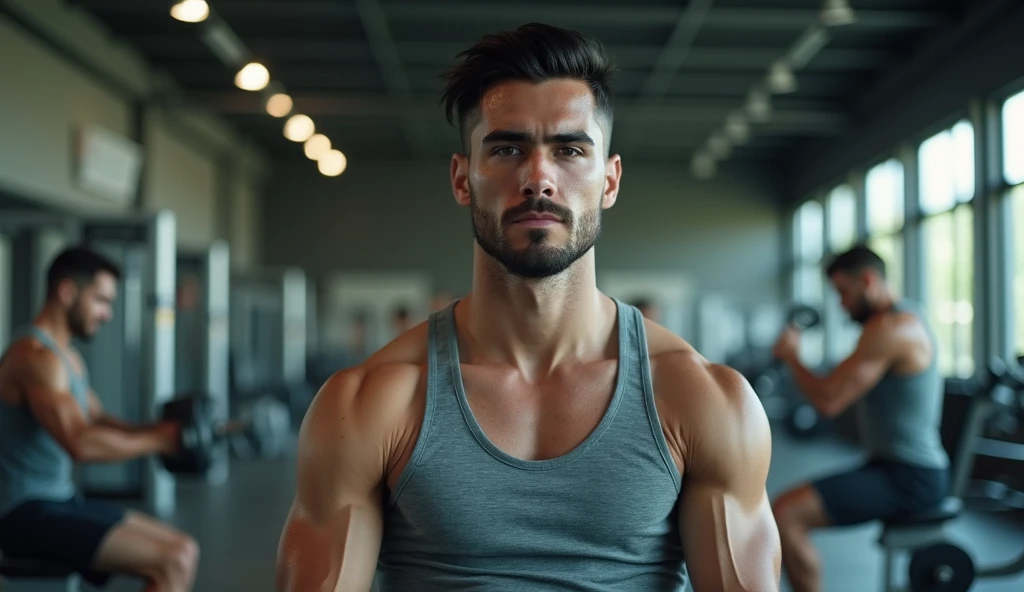 (photorealism:1.2), man in grey shirt, short hair on the side, Long hair, seeds, with a split in the middle and backwards, doing chest pulley exercise, with downward inclination, in gym, looking forward.