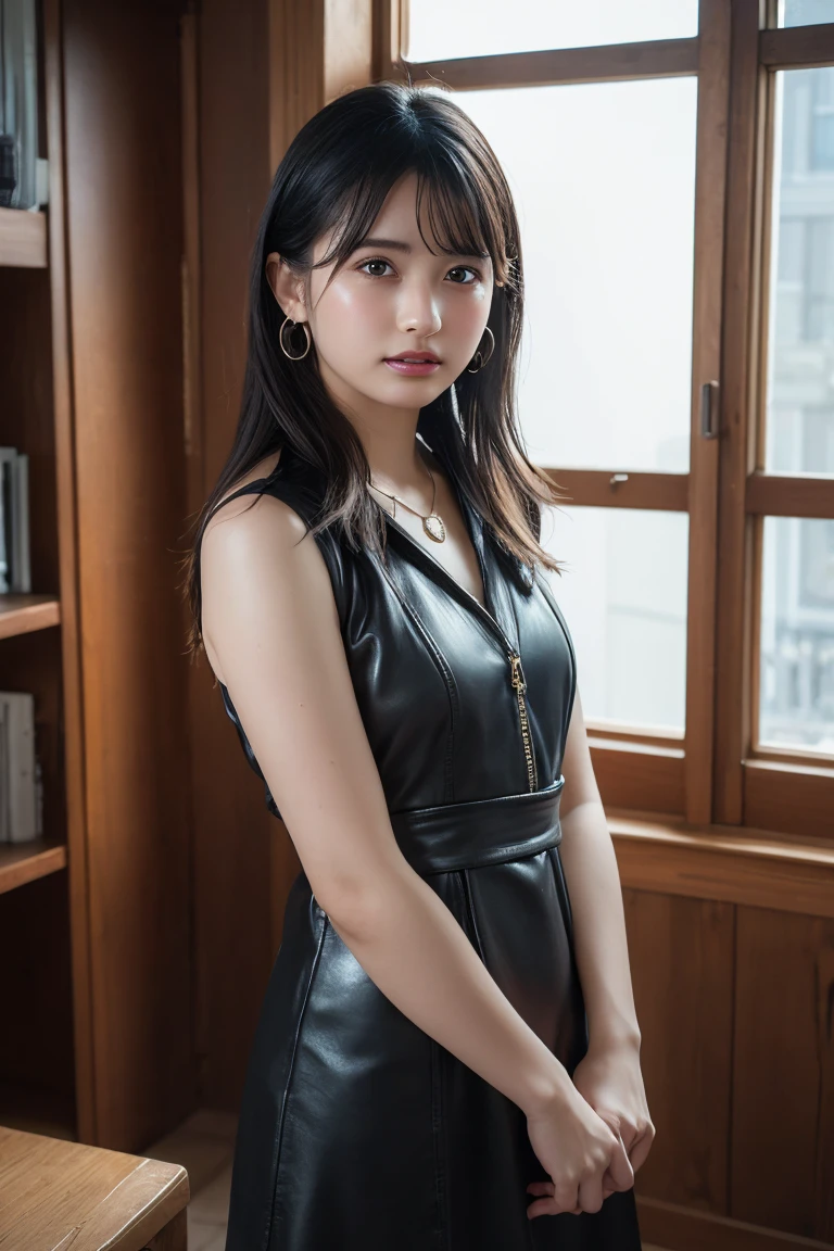 Yui, photo of female, age 15 year, black shoulder length hair with brown highlights; (dslr, ultra quality, film grain, Fujifilm XT3, crystal clear, 8K UHD, highly detailed glossy eyes, high detailed skin, skin pores); big breast, black sexy leather dress, back waist