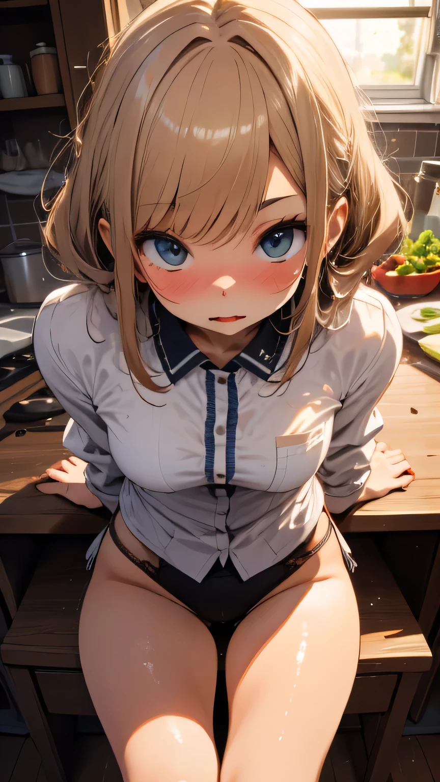 1 girl kitchen open legs in the shape of an M on the desk Cover your crotch with vegetables