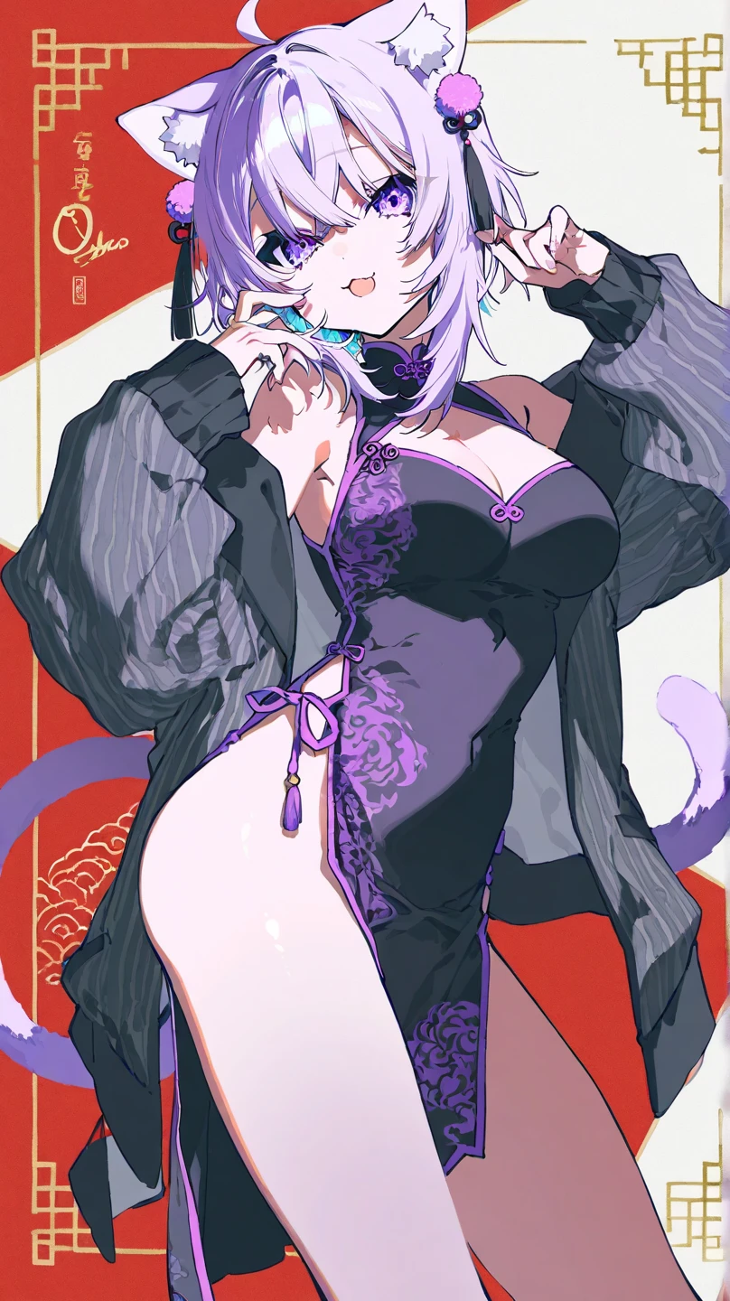 Adult woman, short purple hair with white strands, Fox ears, violet eyes, Chinese Battle Dress, neckline on the chest, open belly, tight pants, Fox tails, angry, Masterpiece, hiquality