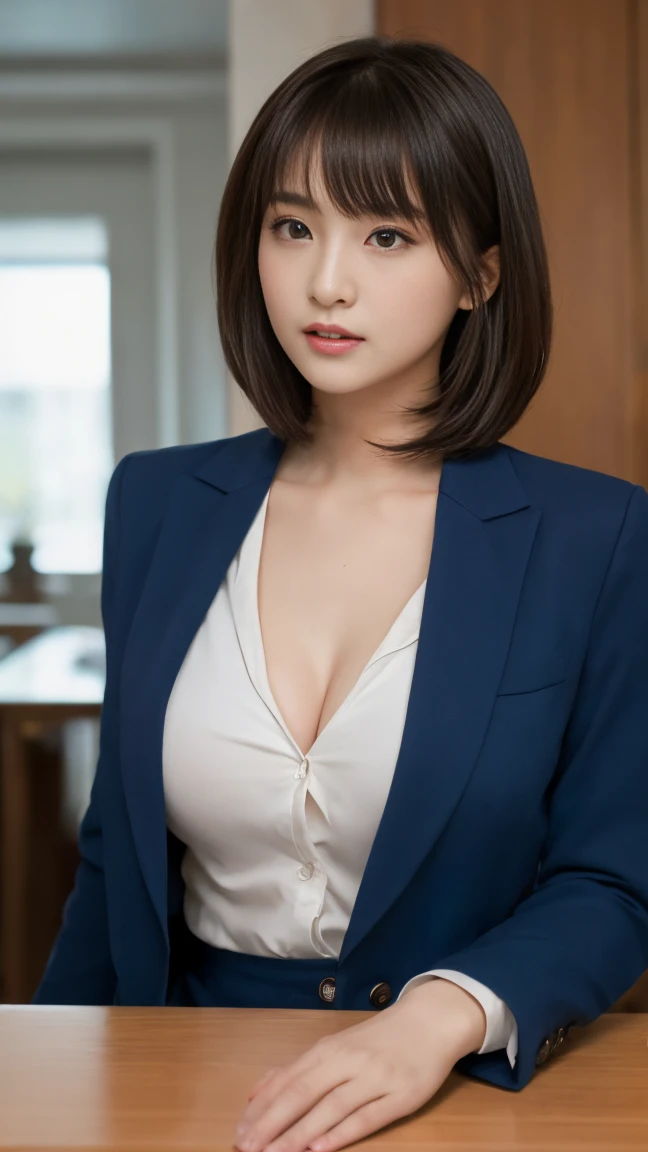 beautiful lawyer、(alone, 40 years old、very detailed顔、detailed lips、detailed eye、double eyelid、brunette bob hair, black blazer、white dress shirt、tight micro mini skirt)、Read at her desk、at the library、(glamorous body)、(big breasts)、cleavage、perfect hands, perfect fingers, perfect breasts, Exactly, perfect body, perfect face, perfect image realism, detailed background, detailed costume, maikurobikini、unbuttoned shirt、lewd librarian、hyper realism、Photoreal、unreal engine、8K maximum resolution, (masterpiece), very detailed, Professional