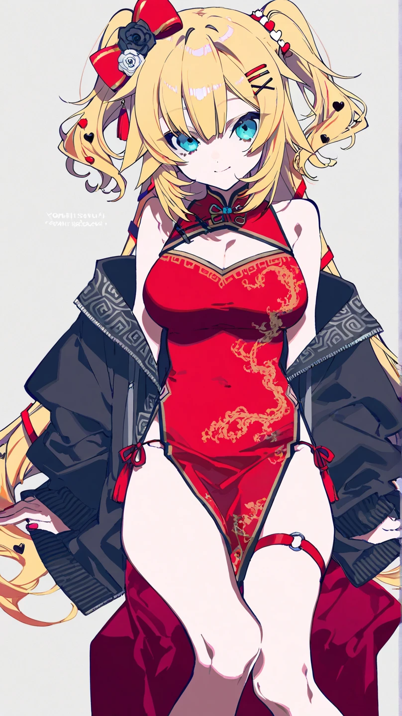 A blonde beauty wearing a red cheongsam and black stockings and high heels is lying on the bed sleeping with her eyes closed,Beautiful little sister,Du Qiong,offcial art,concept-art,Sots Art(Broken cheongsam outfit,Broken stockings),Very sexy pose,Rich hairstyles,Multiple hairstyles,Abundant body movements,Abundant hand movements,A variety of hair accessories,