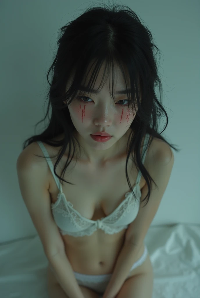 (White and vivid colors, back lighting), (sexy Japanese Tiny idol), ((face variations)), portrayed in the best quality and high resolution. The image should be ultra-detailed, realistic, and photorealistic with a touch of rawness. The lighting should be emphasized to bring out the details of the face. The medium can be a combination of photography and concept art. The color tone should be vibrant and vivid, enhancing the overall visual impact, { ((Detail of blood stained delicate open crotch)) | ((Menstrual blood overflowing from the crotch)) } .