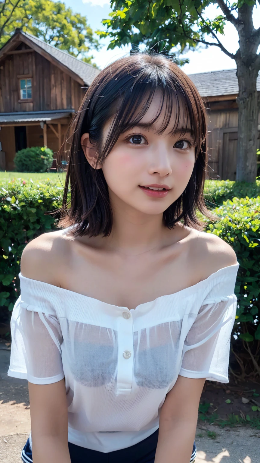 (((masterpiece))), (Two Japan Beautiful Girls, couple focus, classmates, Pure and innocent,kawaii) ,超A high resolution, Realistic, ultra-detailliert, 8K,top-quality, Extremely detailed, Detailed background,A slender,very beautiful japanese girl, Detailed face:1.3), (Boyish short-haired,A dark-haired :1.4), (a ,kawaii系,adolable), (Perfect body:1.1), White Dress, Please show me your beautiful teeth,Bursting smile, beautiful off shoulder clavicle、Scrunchie,Super Detailed Face、Detailed lips、A detailed eye、small gravure idol,Transparent skin