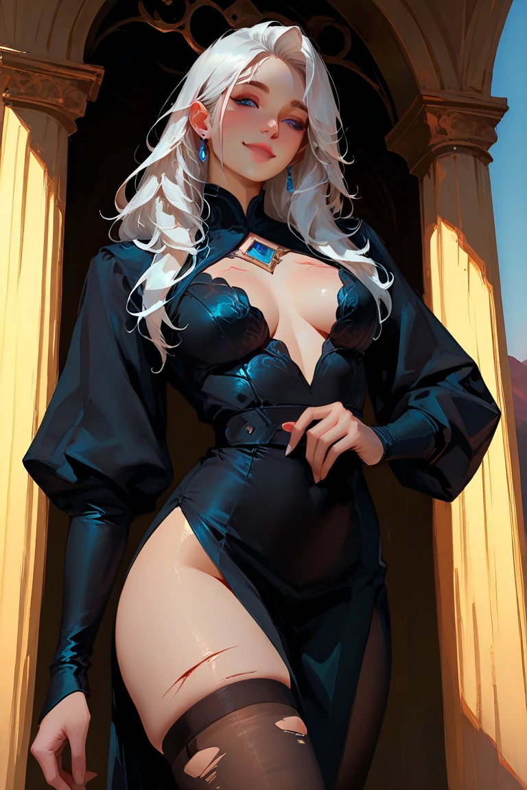 (Mature drow:1.1), (tanned skin:1.2), (thin slime body:1.1), (big blue eyes), long hair, (bronze hair), (fantasy:1.1), (prefect nails:1.1), (detailed outfit:1.1), (round breasts), (bubble butt), (wide hips:1.1), (slim waist:1.1), (thick thighs:1.1), (detailed face and eyes:1.2), (fierce), (brat energy), (full fishnets:1.2), (slutty makeup:1.1), sexyest pose, (dungeon:1.1), (collar), (spread legs), (detailed hand and finger:1.2), (medium breasts:1.2), (busty), (deep cleavage:1.2).