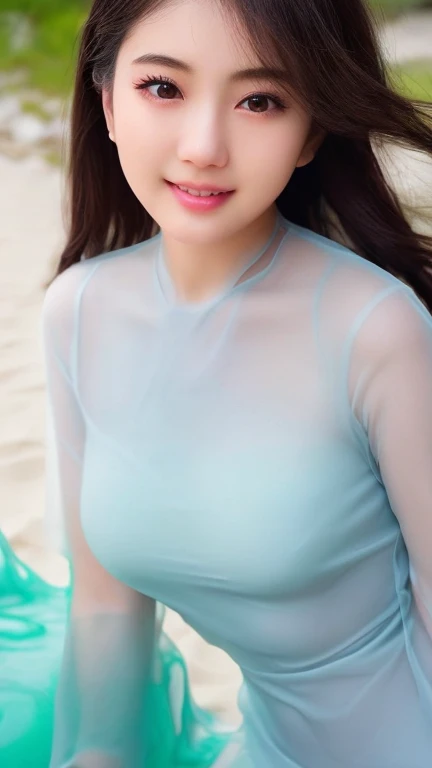 Highest quality、Blue ultra-thin, ultra-fitting, ultra-tight Ao Dai、Beautiful girl、13 years old、Keep your eyes down、Upper body、Black-haired、Ultra-detailed skin、Moisturized Skin、A shy smile、Details: Ultra-realistic sheer nipples and clearly visible areola