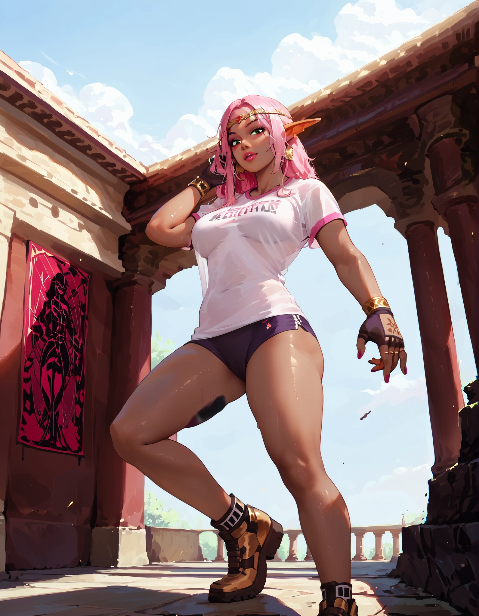 score_9, score_8_up, score_7_up, score_6_up, score_5_up, score_4_up, (masterpiece, best quality:1.2), highly detailed, illustration, mature woman, elf ears, pink hair, dark tan skin, athletic body, full body, heavy metal band T-shirt, , all-stars shoes, elemental magic around, in a temple room, action paint