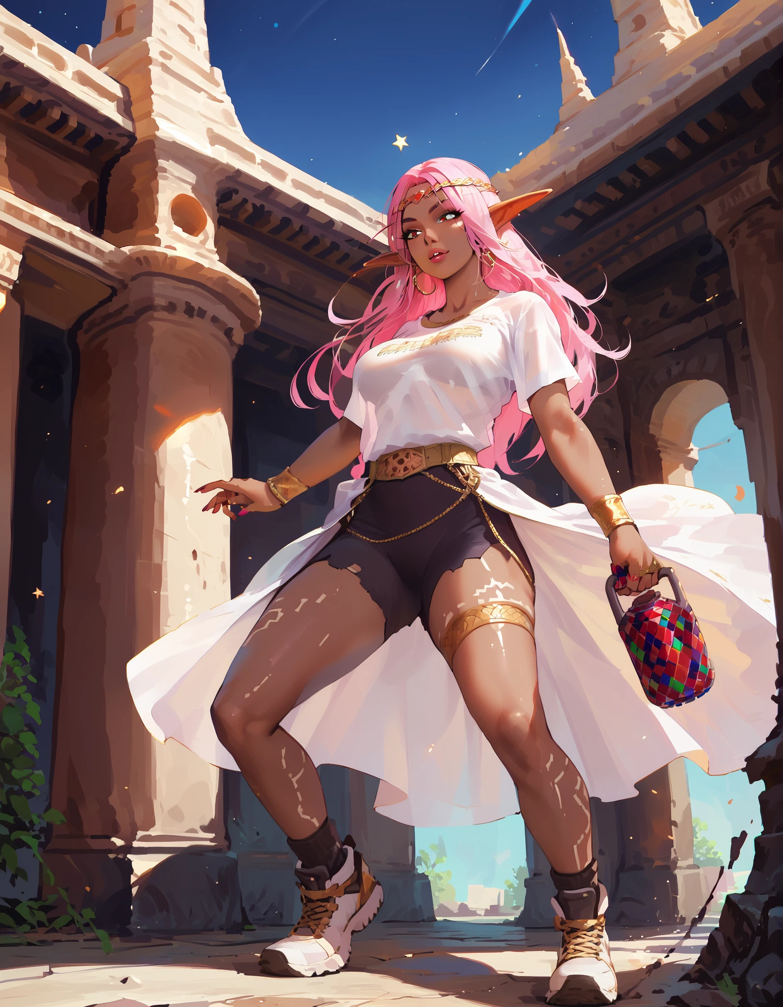 score_9, score_8_up, score_7_up, score_6_up, score_5_up, score_4_up, (masterpiece, best quality:1.2), highly detailed, illustration, mature woman, elf ears, pink hair, dark tan skin, athletic body, full body, heavy metal band T-shirt, , all-stars shoes, elemental magic around, in a temple room, action paint
