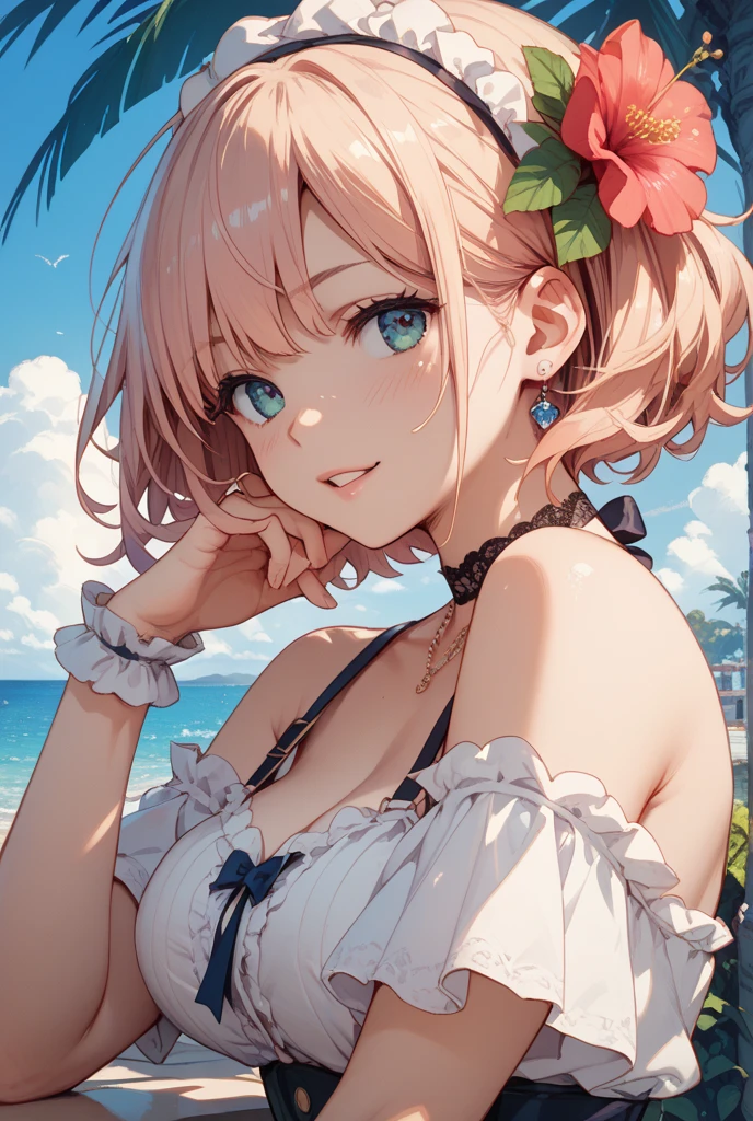 Ecchi、Ecchi、Ecchi、Pink eyes、a blond、Pink Bigini、red blush、cute little、Transcendent Cute、Idol、sparkly eyes、the beach、Rest in the shade、