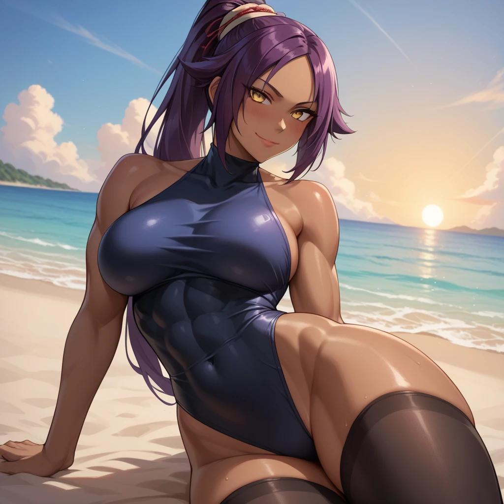 av idol, 32-years-old dark tan skin with long blue hair and eyes Wearing a Strapless Swimsuits, beach pier background, kneeling