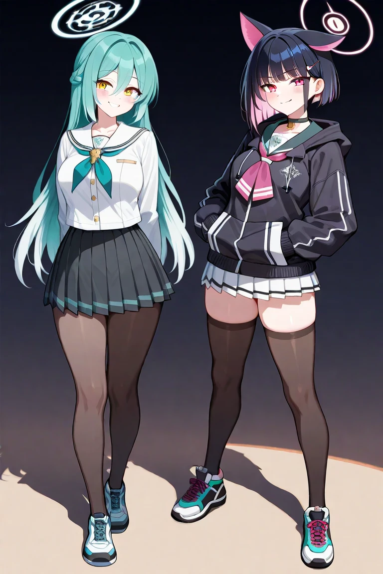 hourglass, and tall, smile Mischievous. apartment room living room. close up. 2woman twin opposite color than other, soft medium sized breasts, skirt, loose hoodie, white polo short, White and green hoodie Untucked white shirt Blue tie Black shorts with white accents Long green socks Black boots with green edges,