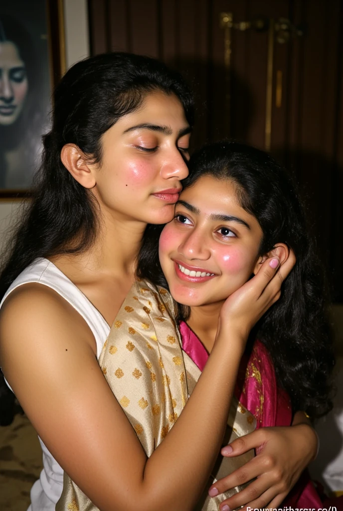 ((best quality)), ((masterpiece)), (detailed), perfect face, Indian women, wearing glittering saree, lesbian kissing, gorgeous ladies, office, lip kiss, holding hair
