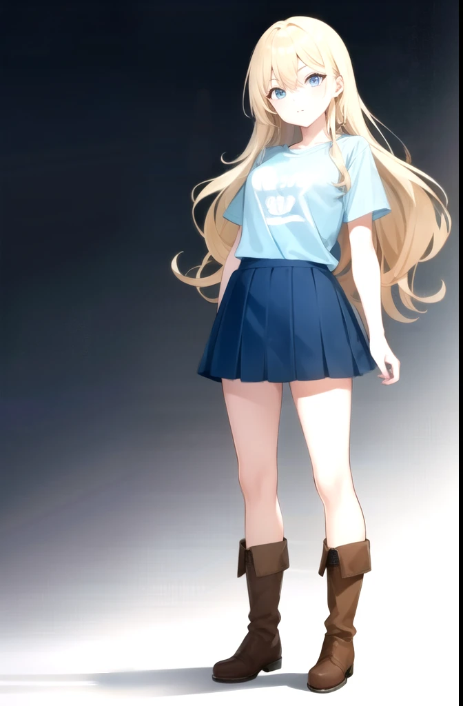 1girl, standing (Anatomically Correct body 1.6 ) Blonde anime girl with long hair of (eye Yellow Navy blue t-shirt and light blue skirt (color) And brown boots 1.6)