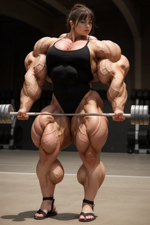A back view of a beautiful, huge, enormous, buff, giant, Russian Female bodybuilder, muscle goddess, huge arms and huge legs, giant boobs, enormous muscles, big beautiful eyes, with ponytail hair, wearing reading glasses, photorealistic