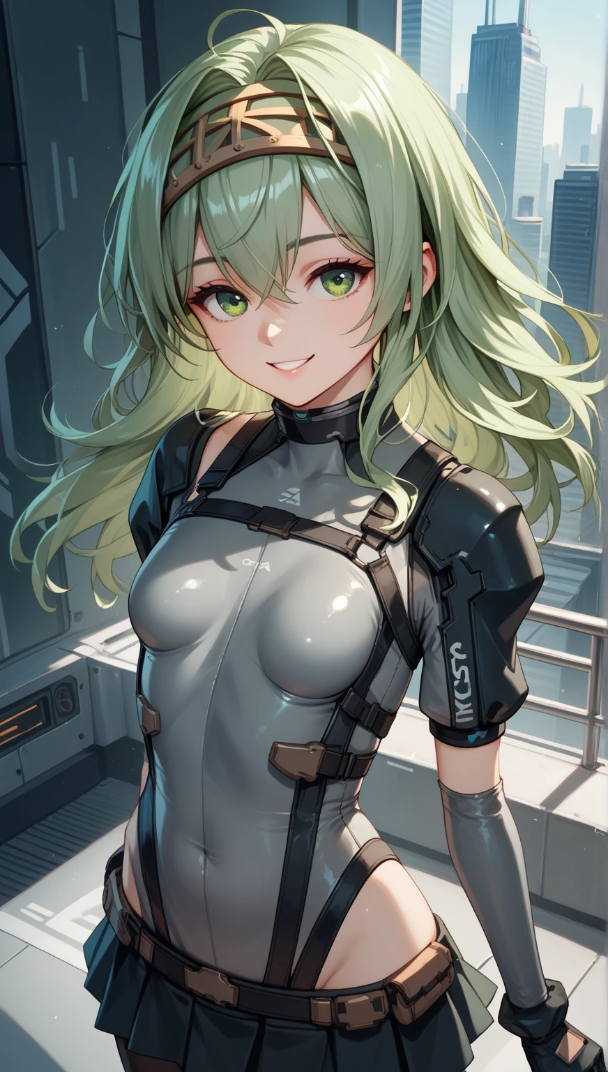 1girl,Sala,original,solo,green eyes,blonde hair,white body suit,off shoulders,bandaged head,bandaid on face,bandaged arm,cowboy shot,in bed room,Science fiction,ultra-detailed,sharp focus,(best quality)