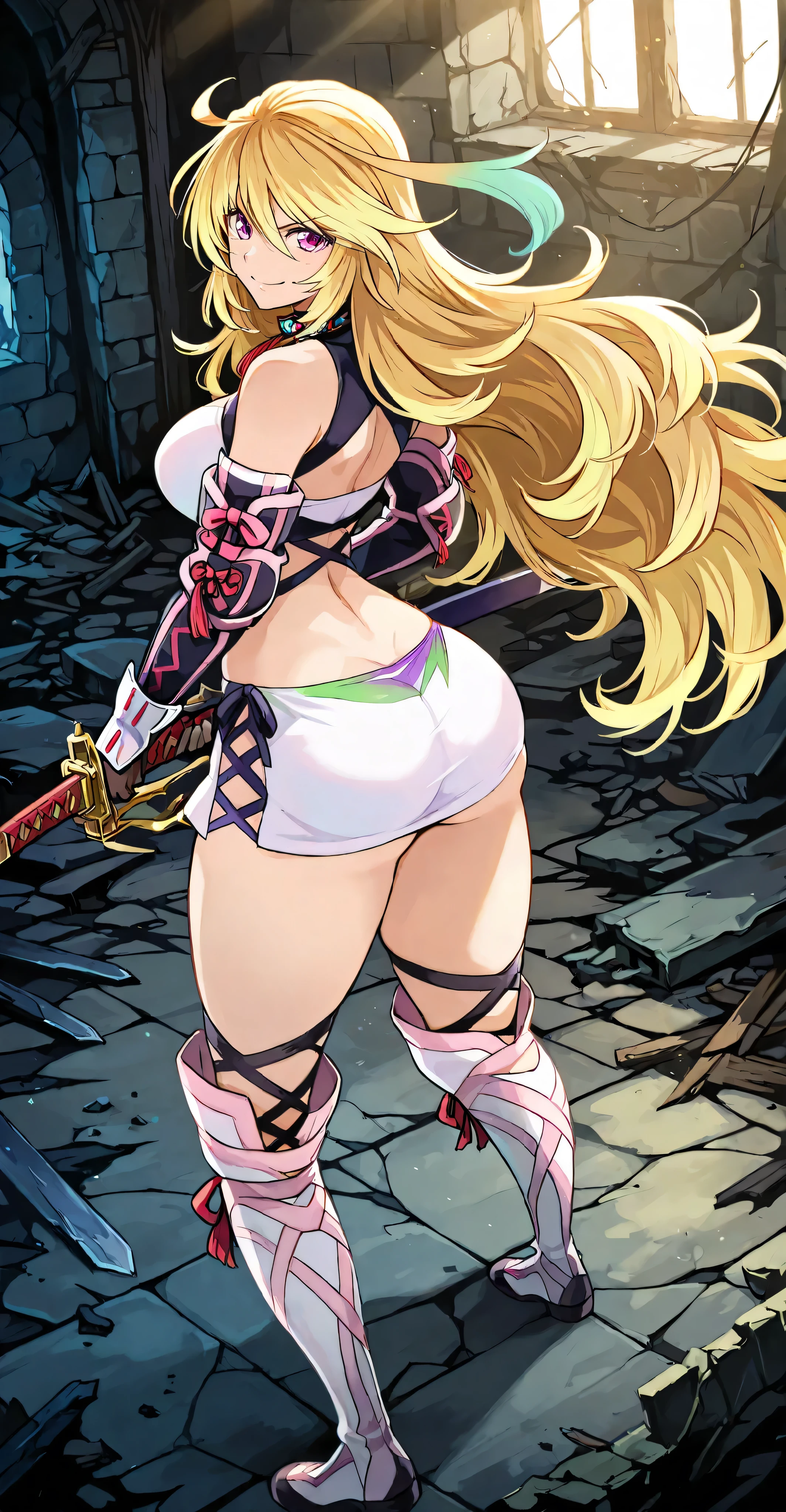 Mukuro is a beautiful young woman with a voluptuous body, having a bust considered disproportionately large for her physical age. She has golden eyes combined with flowing blonde hair that is longer than her own body. She ties her hair in an Odango hairstyle and wears ribbons around her buns, she has muscular legs and a muscular stomach, a small waist, and (((wears a very sexy and small bikini that leaves her entire backside exposed and her breasts exposed) )), showing the foot, {{{full body photo}}}, (((in the motel room))), (((giant breasts))), Big Breasts, just breasts, Huge Breasts, bare feet, cute smile looking at me, from the back, showing her big ass to me, very sexy, (bare legs)