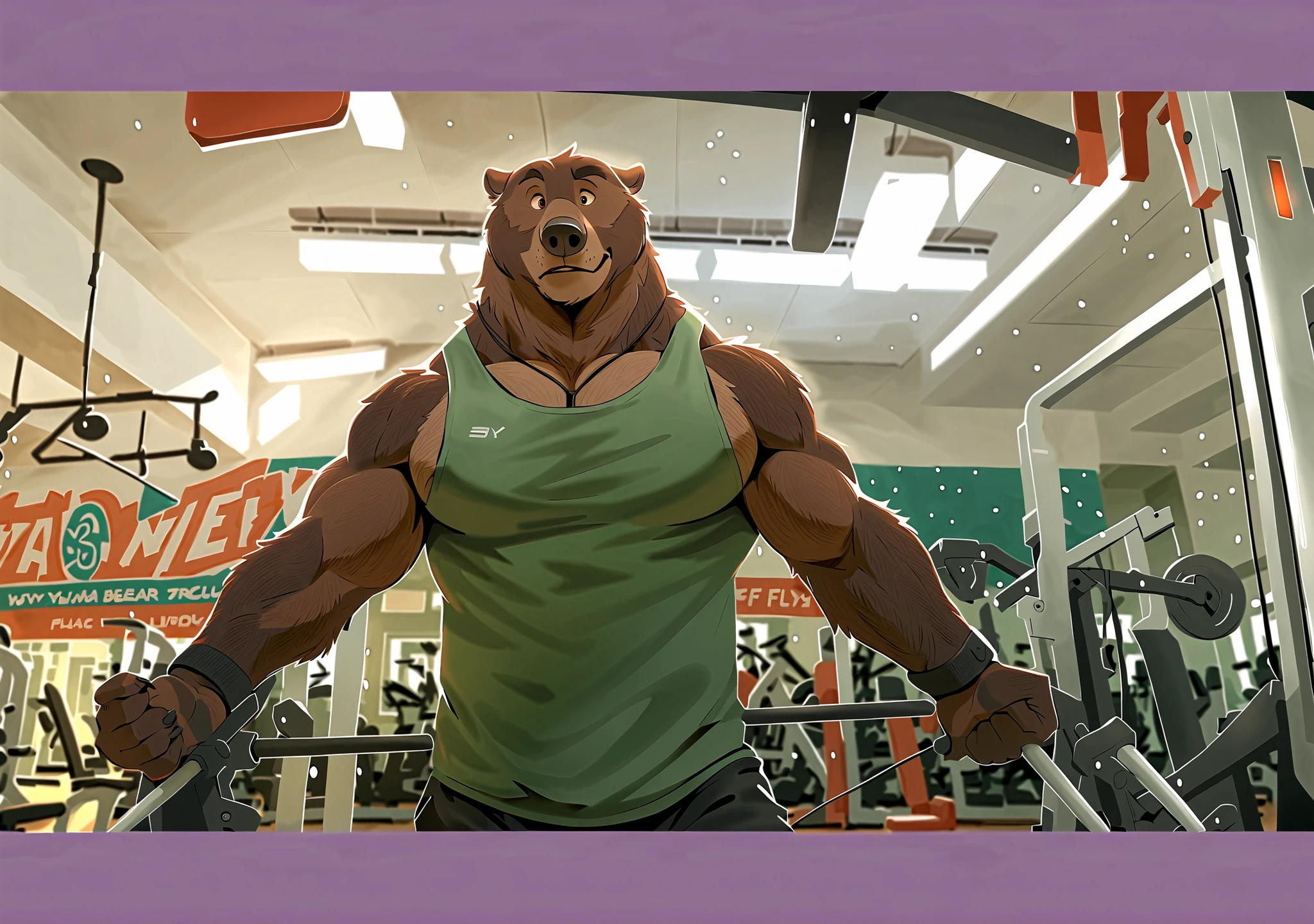 solo, bara, Grizzly Bear, anthro, thick muscular, male, brown fur, furry, huge arms, broad pectorals, black shorts, tank top, black wristbands, gym, cable crossover machine, cable uppercut fly, pulling the flyes, gym equipments, workout, Disney, perfect lighting, (light particles), (best quality), (masterpiece), (ultra detailed), sharp focus, light particles