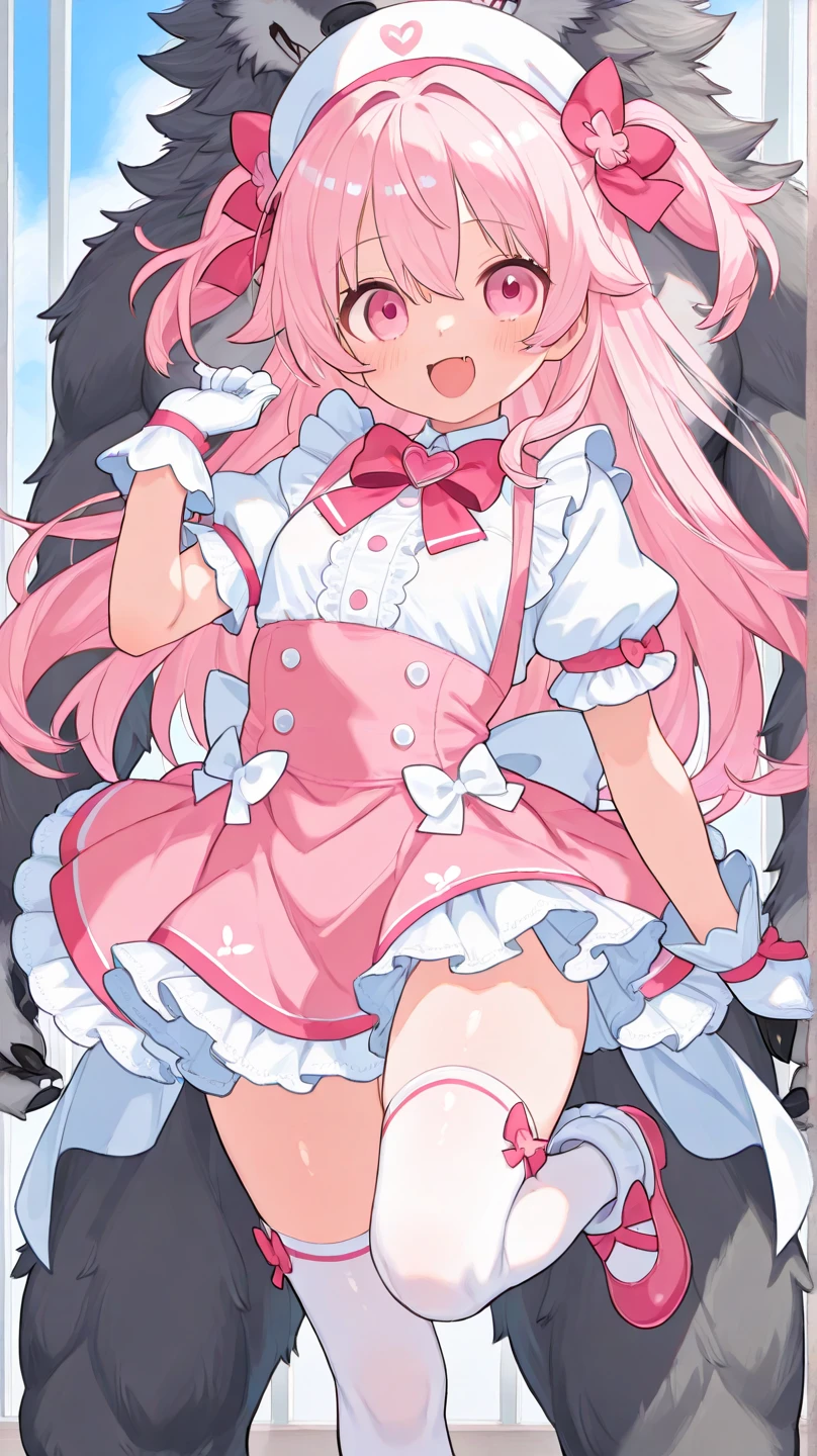 nothing, perfect white skin, detailed artwork, shiny pink hair, PINK CAT Ears, god of eyes, pink eyes, pink heart shaped eyes, pink long shirt, shirt covering private parts, white silk gloves, warm pink, white thigh highs, cute thighs, silk stockings, femboy, fluffly, sword in scabbard hanging on back, Grinning, holding a leash, Part 1