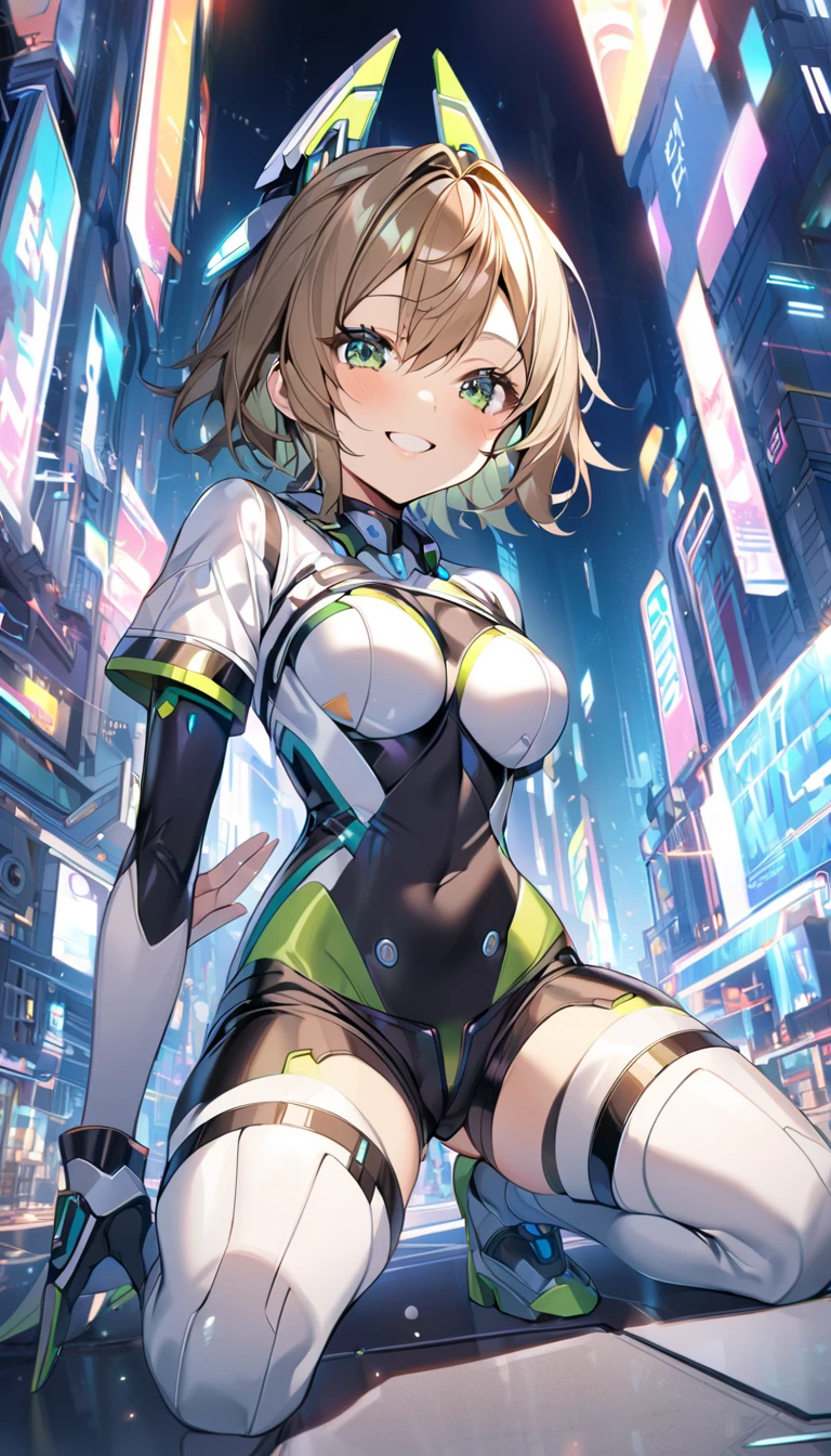 aile_megamanzx, kneeling with one hand on the ground and the other arm raised, 1girl, solo, short hair, brown hair, short sleeves, (bodysuit), robot ears, green eyes, (very_short_shorts:1.3), short sleeves, short over long sleeves, smile, in futuristic city, , high quality, medium_breasts,crotch, slouch,groin,dynamic_angle