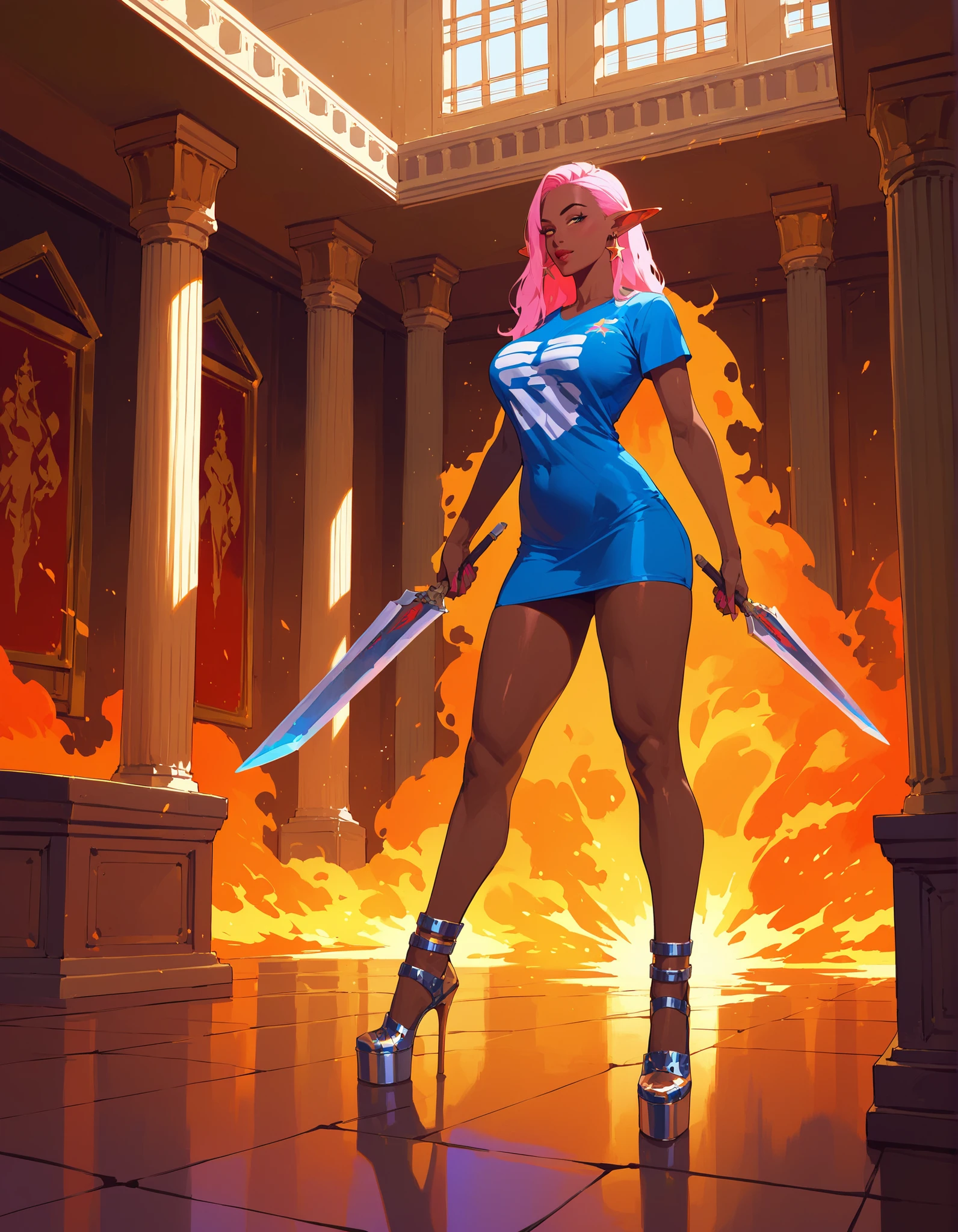 score_9, score_8_up, score_7_up, score_6_up, score_5_up, score_4_up, (masterpiece, best quality:1.2), highly detailed, illustration, mature woman, elf ears, pink hair, dark tan skin, athletic body, full body, heavy metal band T-shirt, , all-stars shoes, elemental magic around, in a temple room, action paint 