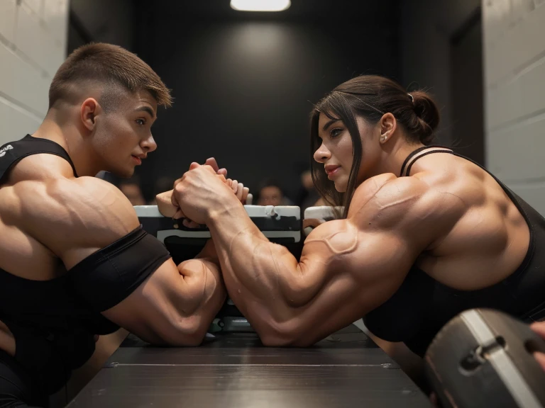 Arm wrestle between (muscular woman) and (skinny man)