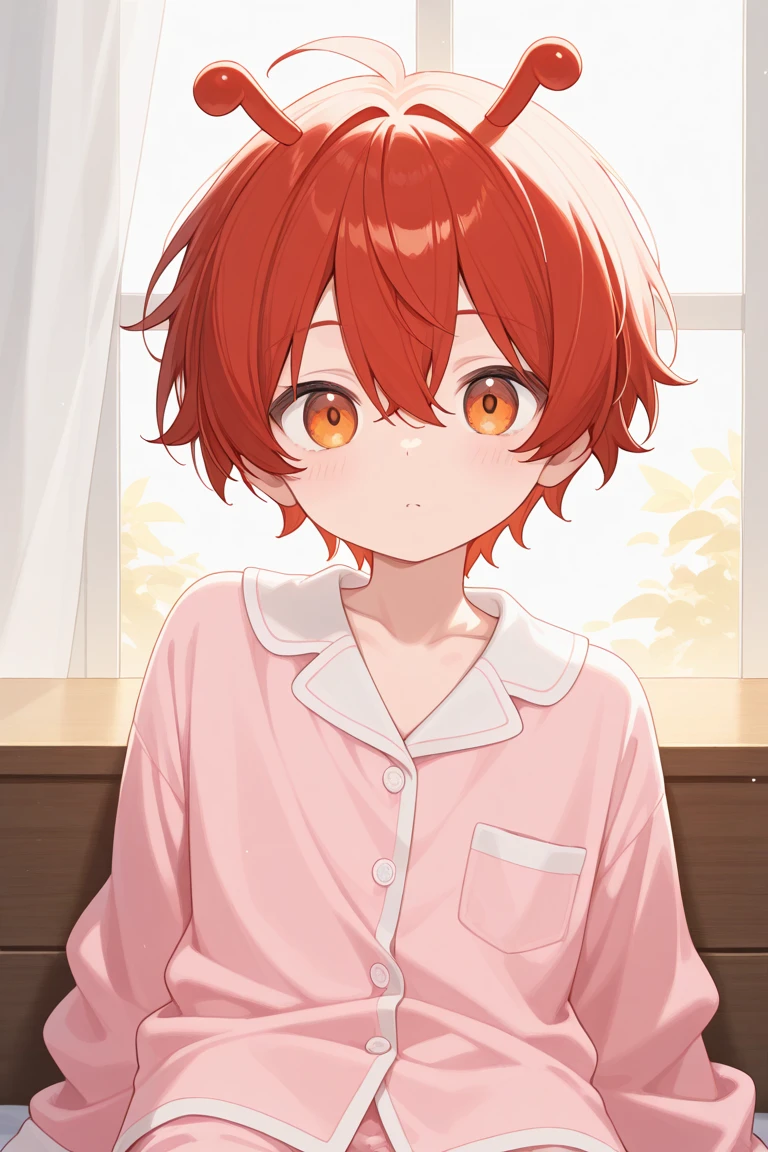 Cute anime boy, femboy wavy red hair brown eyes , he is sitting on the bed, in short shorts, and a cute anime shirt, he is drooling at the mouth, And very sexy, skinny body, and height 1,59cm