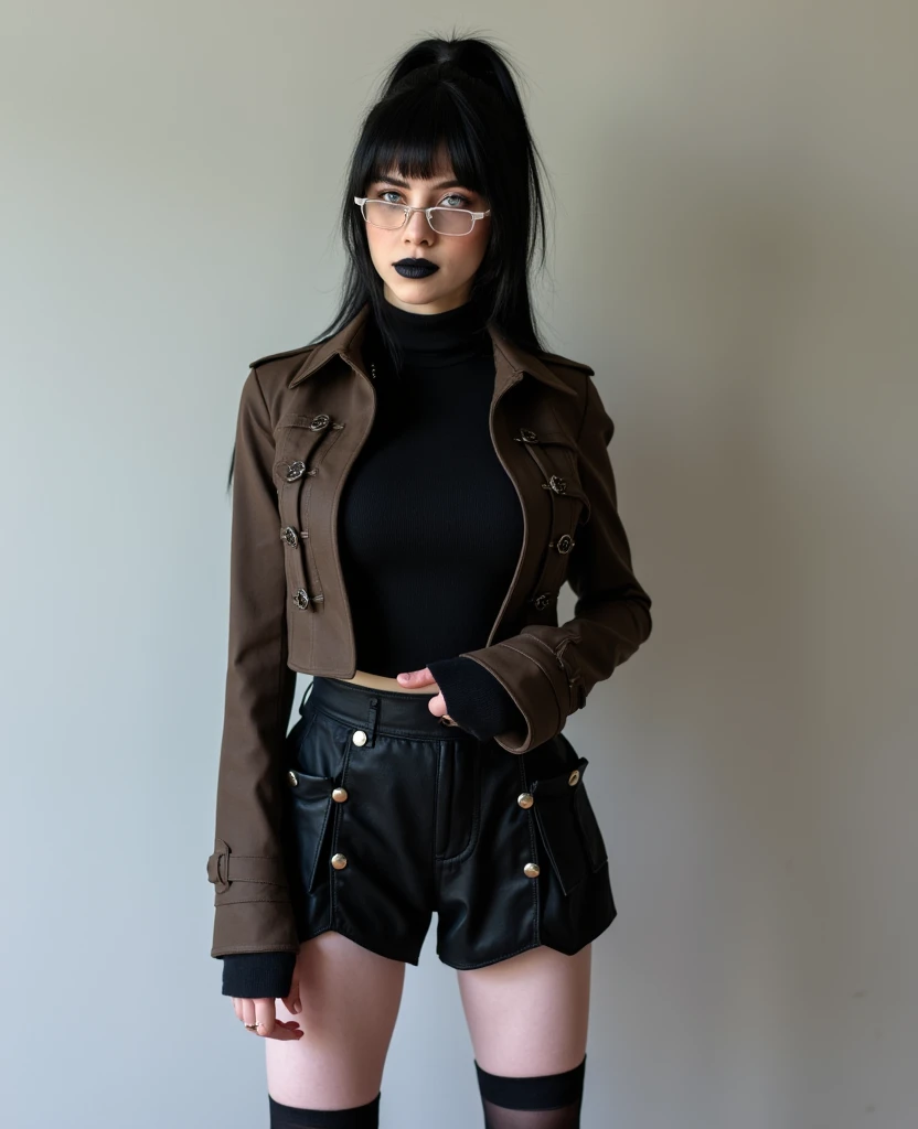 misato katsuragi, long hair, (brown eyes:1.5), (purple hair:1.2), (parted bangs:1.5), sidelocks, tall, milf,(mature female:1.2), (30 years old、very cute super model:1.2), shot on leica, super big , natural proportions, (accurate anatomy body: 1.5), Curvy physique, Thick body, details, masterpiece, best quality, 8k, detailed skin texture, detailed cloth texture, beautiful detailed face, ultra detailed, looking_at_viewer, Best quality, masterpiece, ultra high res, (photorealistic:1.4), raw photo, solo, japanese girl, in the dark, deep shadow, low key, cold light, attire: skirt, jewelry, jacket, belt, necklace, uniform, cross, bright red jacket, pencil skirt, cross necklace, red skirt, black shirt, turtleneck, cropped red jacket,