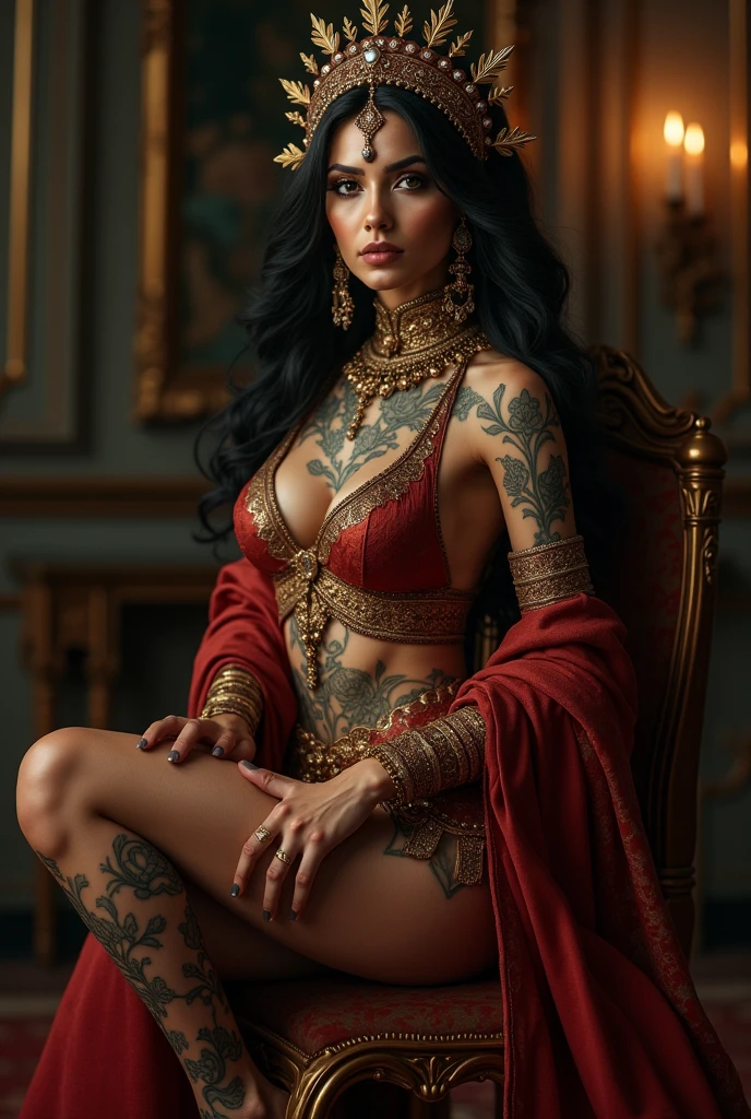 A unique and alluring bellydancer, her body a canvas for a stunning display of intricate tattoos, each one telling a story of its own.