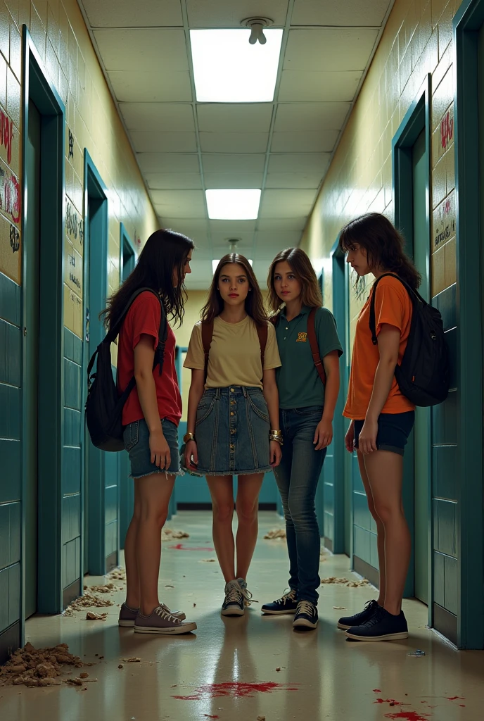 Group of school girls stepping on the head of a dead boy in a toilet bathroom