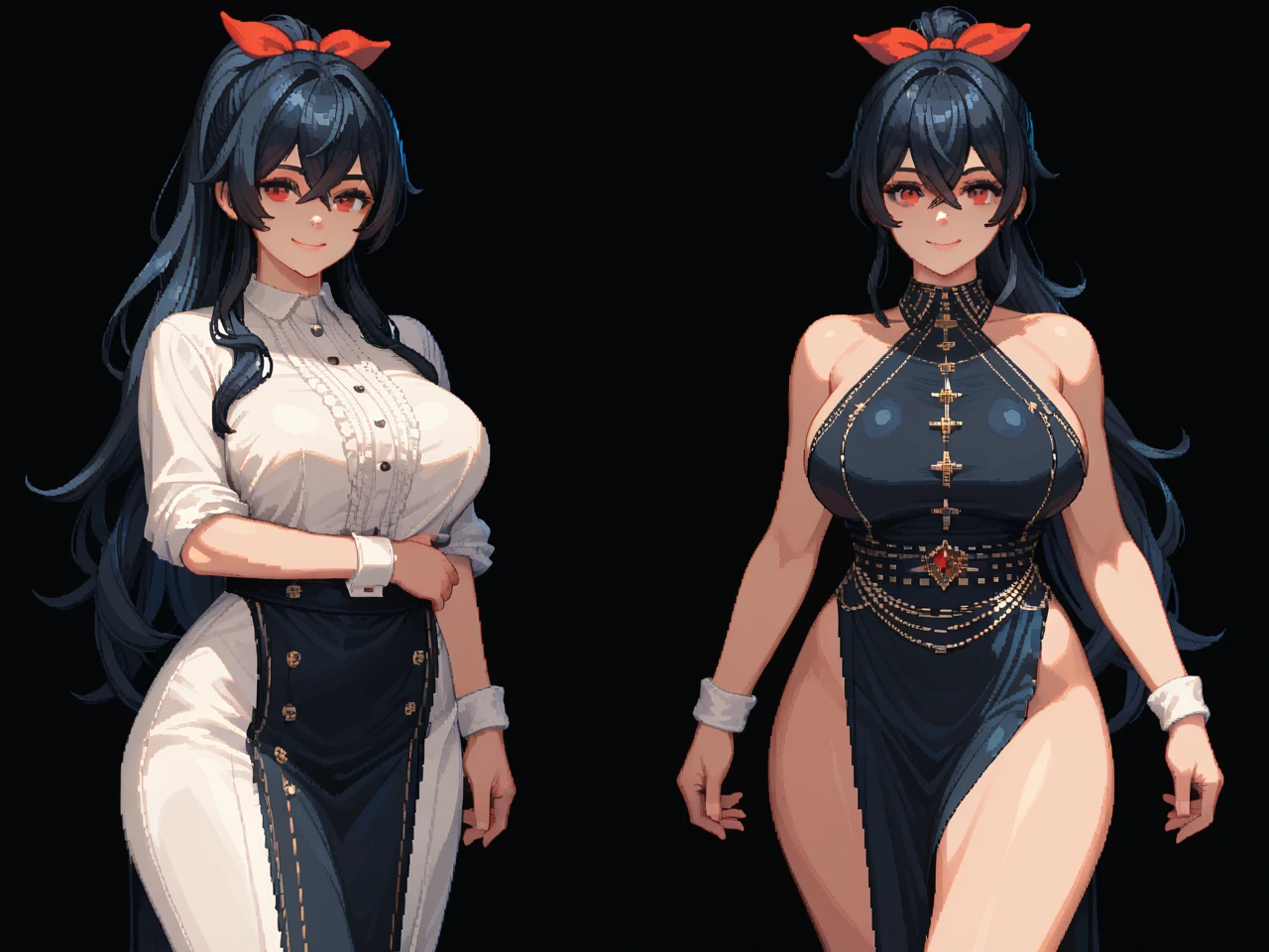 masterpiece, bestquality, ultra-detailed,
reference inset, official art inset,
flat design, ligne claire, photorealistic,
cinematic lighting, depth of field,
1girl,
(fullbody:1.4),
(same character, three views, front view, side view, back view:1.3), from side view, from behind view,
Genre: Fantasy
Historical setting: Medieval fantasy
Name: Haruka Kazehaya
Age: 16
Gender: Female
Race/species: Human (Japanese)
Hair color/mesh: Black hair with blue mesh
Hairstyle/length/shape:very short and boyish and messy and spiked,
Bangs length/shape: Short and straight
Sideburns length/shape: Short and neat
Eye shape/eye color/pupil shape: Large brown eyes, round pupils
Height: 158cm
Body type: Slim but muscular
Physical characteristics: Small scar from teleportation
Occupation/role: Swordsman, explorer
Outfit (head): Simple leather band
Outfit (torso) Body): Practical travel clothes
Outfit (arms): Arm guards
Outfit (lower body): Durable trousers
Outfit (legs): Light leather boots
Outfit (footwear): Comfortable shoes for travel,
Wearing costume, gigantic saggy breasts, Nipple covers, no bra,
Clothes that are completely stuck to the chest, impossible clothes, hard nipples, large ass, thin thighs, thick calf, milf, mature woman, puffy lip,
standing pose,
(white background:1.2),