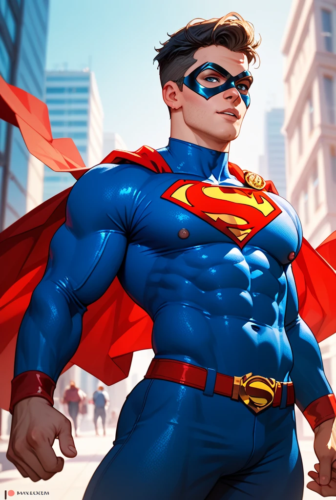 Young guy, short brown hair, Cyan eyes, brawn, Black Superman Costume, ssmile, Masterpiece, hiquality