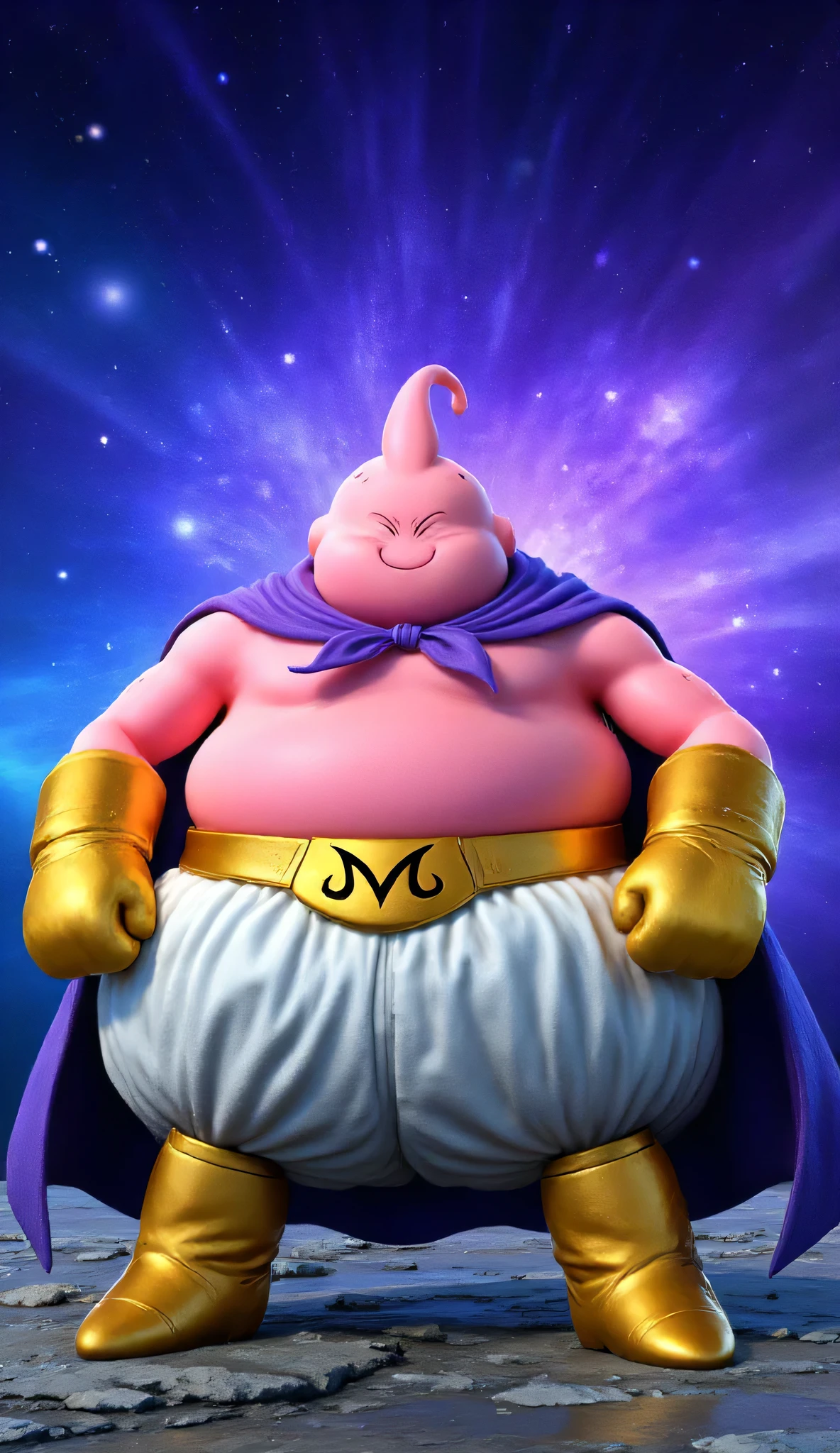 A character resembling Majin Buu from Dragon Ball, large pink body, cheerful and innocent facial expression, wearing loose white pants, a golden belt with an "M" emblem, shiny golden gloves, large golden boots, and a flowing purple cape. Hyper-realistic skin texture with detailed pores, realistic fabric texture, metallic reflections on golden accessories. Ultra-realistic CGI rendering style, Unreal Engine 5 quality, cinematic lighting, ultra-HD textures, smooth volumetric shadows. Background: outer space with bright stars, faint galaxies in the distance, cosmic blue and purple glow effects, epic and majestic atmosphere.The textures of the skin and fabric are very detailed. All elements are photorealistic.