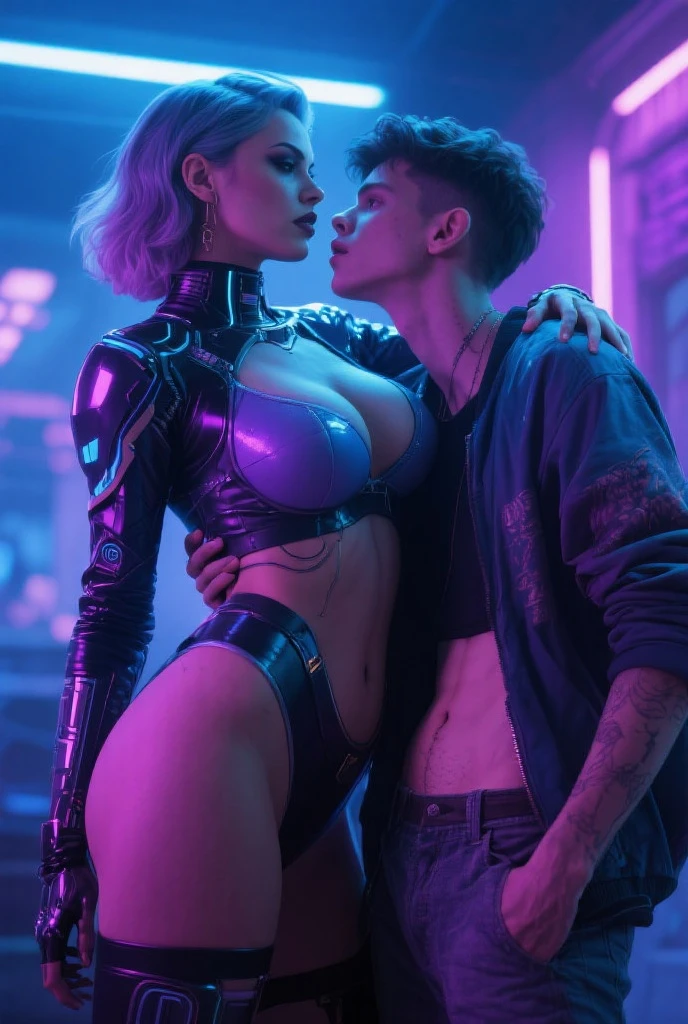 (best quality, masterpiece, ultra detailed, ultra high res, photorealistic, raw photo, absurdres, absolutely resolution) ,((1man and 1woman, having sex)), standing doggy, japanese, perfect eyes, (huge breasted:1.2), (sweating), naked, nude, cyber punk, blue and pink, neon