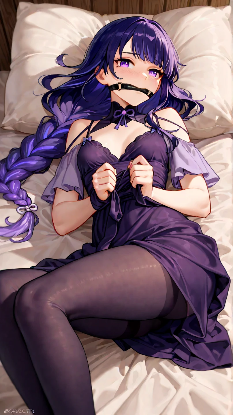 Rarity, by address, bluish white skin, White dress, purple thigh high fishnet stockings, garter belt in each stocking, dress lifted to show her , sexy pue panty, lyi a bed, chained, annoyed, crying, yelling, open legs, with shackles, POV: I look at her, pov my penis on top ofpanties. 