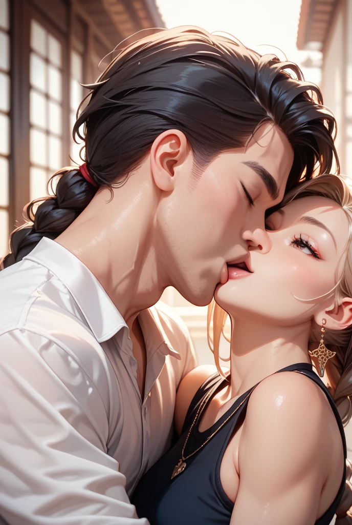tmasterpiece,hyper qualit, ultra - detailed,Perfect drawing,A high resolution、2人物 ,Men have strong muscles,Men with short hair,Woman with long hair,Big breasts woman,Lovers、Look at each other from the front、((Kiss))、(((French kiss)))、hugging eachother,As if pressed on each other's chests、Staring at each other、Moist eyes、half-open lips、Beautiful、Red blush(0.2)、Functional、seductiv、Trance、instigate、Beauty、bustup、Shunguang、、Shoot diagonally from directly below、precise drawing、Detailed drawing、Precise anatomy、beatiful background、