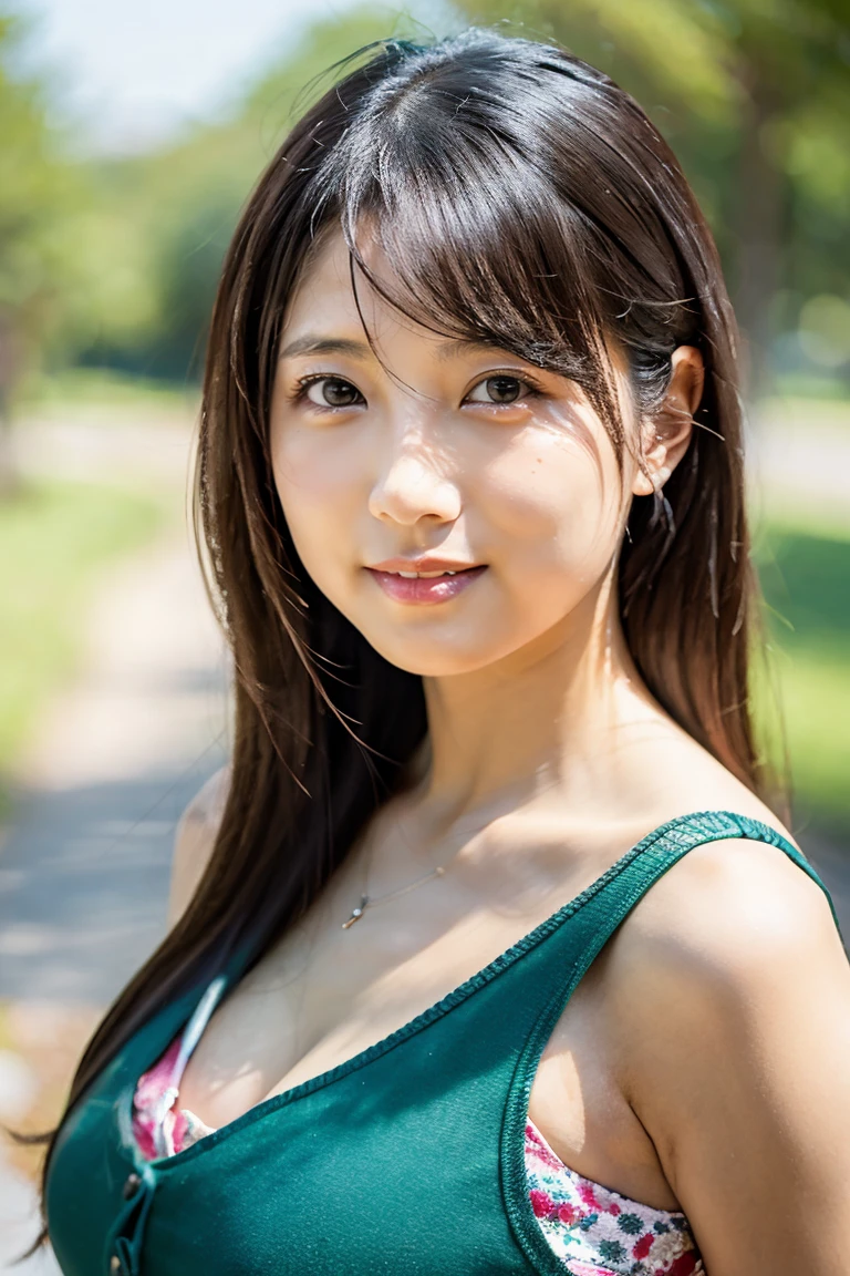 ((Highest quality、8K、masterpiece:1.3))、Realistic, Sharp focus, High resolution, High resolution, Portraiture, alone, Japanese, Middle-aged women, Beautiful woman, 26 years old、Big Breasts、Seaweed pattern casual dress、Photograph the whole body、ancient ruins、smile