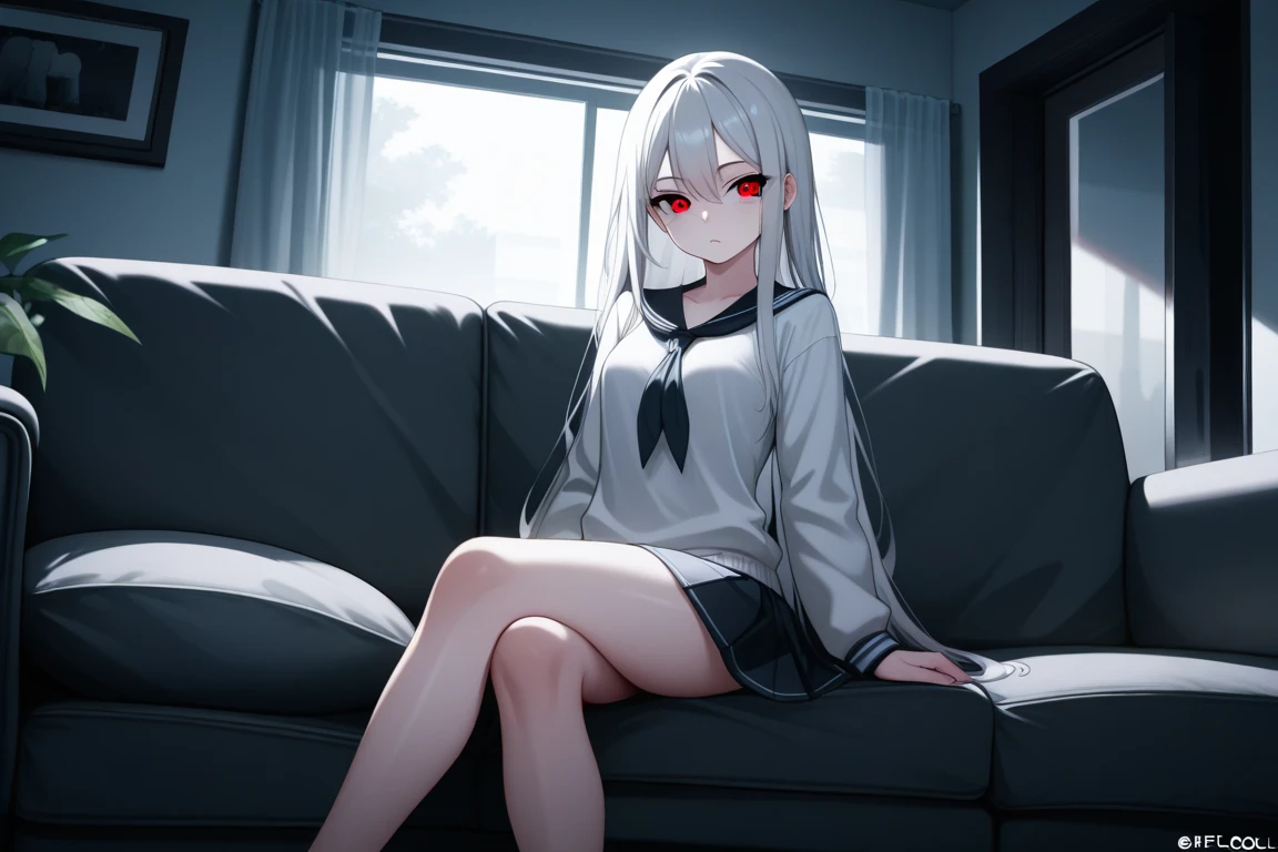 Beautiful caucasian woman, (black_shirt, red tie), solo, (mature woman:1.2), (pixiv:1.1), skinny, (red eyes), detailed eyes, black eyeshadow, (silver hair), hair clips, (wavy hair, hair strands, messy hair), collarbone, (beautiful round breasts), sitting on couch, cinematic lighting, intricate details, indoors, portrait, looking at the viewer, professional, HD, 8K, (absurdres:1.2), ultra-detailed, (masterpiece, best quality), vivid colors, bokeh, highly focused, professional photography, close-up face, (detailed face)