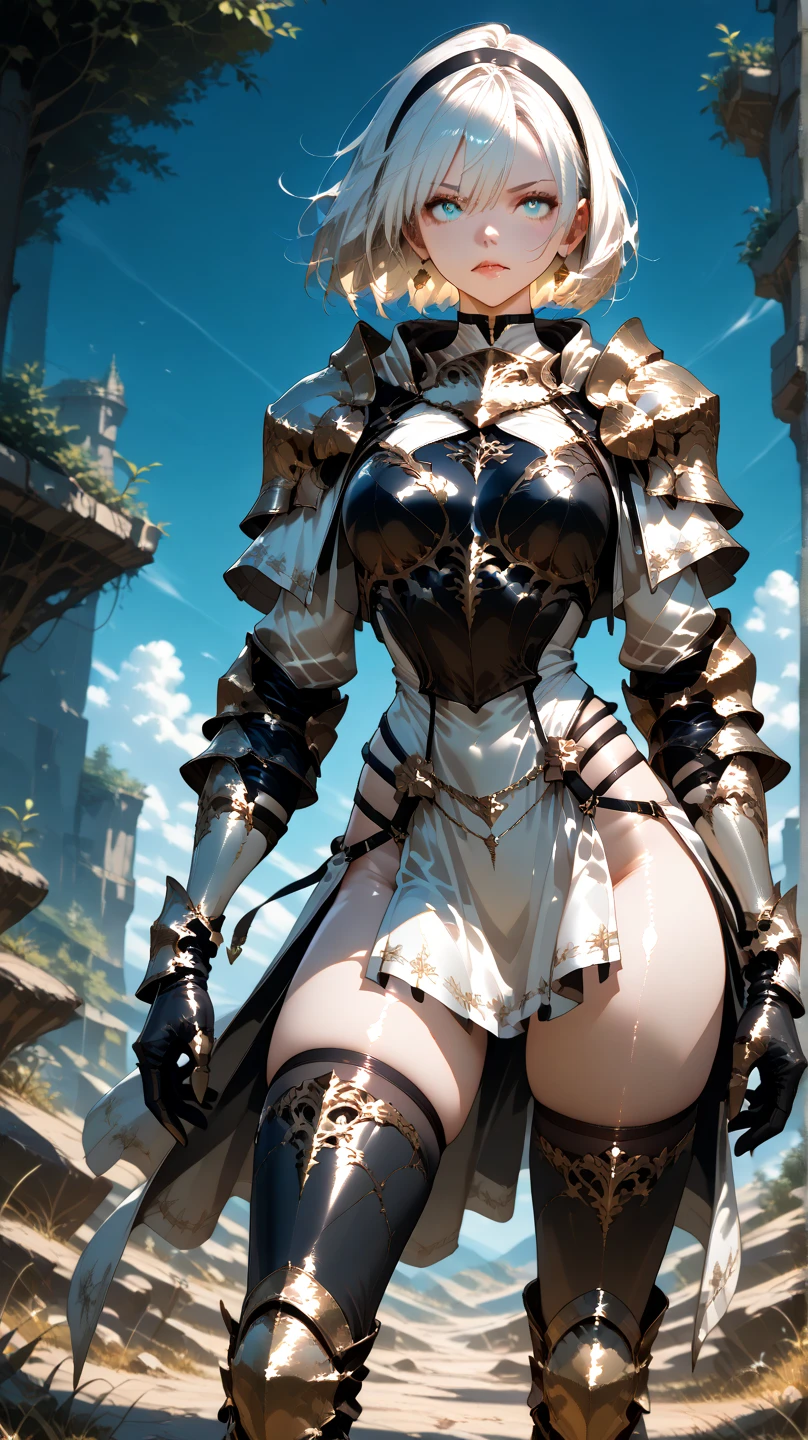 Adult woman with white hair and huge breasts，slim figure，Queen，black knight armor，Bare Legs，iron boots，Standing，castle