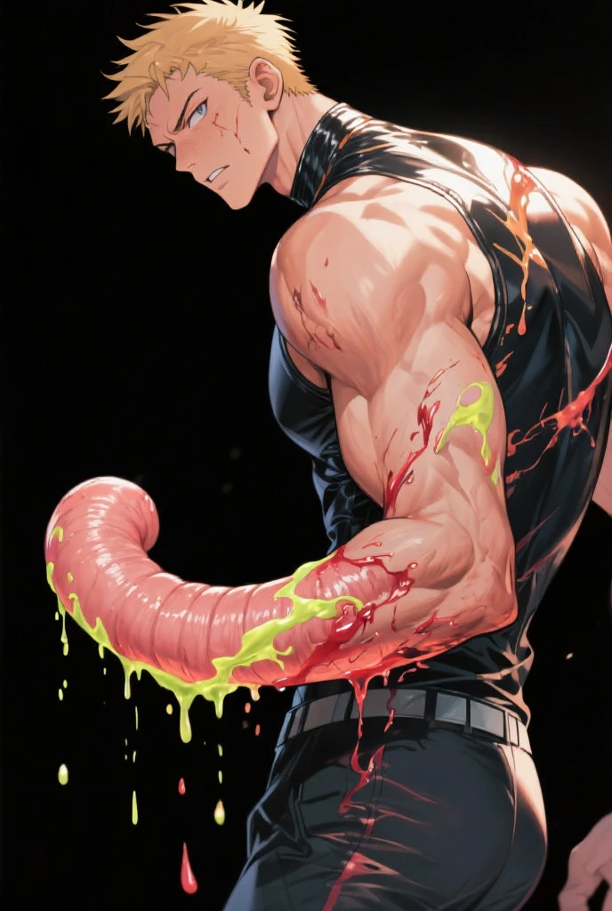 (NSFW:1.5), (Create a masterpiece: 1.2),(CGI art:1.3),(realistic:1.5),(After processing:1.3), (Sharp focus:1.3), male Chris Redfield, open mouthตกใจ, (Navy blue round neck T-shirt with short sleeves.: 1.3), Navy cargo pants, ,( abrasions on face: 1.5), (Blood stains on the face and body: 1.5), Korean guy , korean men, (High gloss details), chest muscles, large arm muscles, blood vessel, Big muscles, Broad shoulders, looking at the audience, Balancing the eyes, (Eyes look up: 1.1) , (genital very long big : 1.5), (Big testicles), (Erection of the penis: 1.5), (Cum: 1.5) , (open mouth: 1.6), see teeth, (Open your eyes wide.: 1.3 ), (Eyes look up: 1.3 ), (Torn shirt: 1.5), middle of the road,(Fire blazes behind) ,(Many leech worms:1.5)