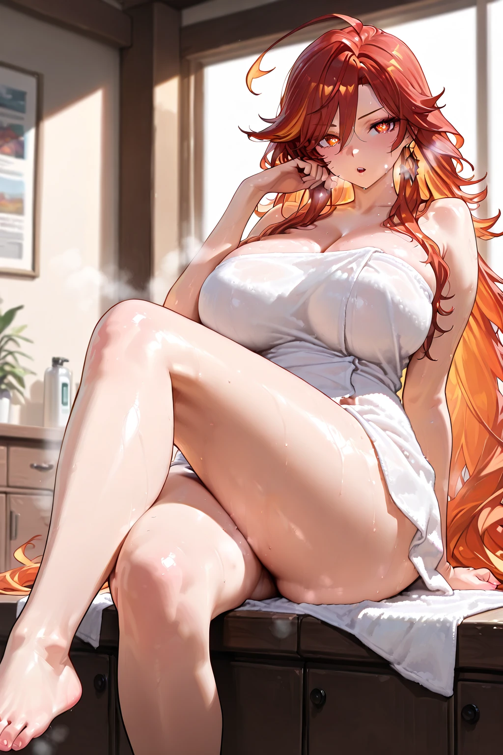 sysdeep_rias, 1girl, solo, long_hair, looking_at_viewer, open_mouth, blue_eyes, large_breasts, hair_between_eyes, very_long_hair, full_body, ahoge, red_hair, sitting, socks, white_socks, huge_ahoge, naked, nude,