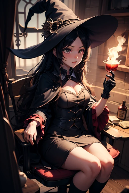 ((Masterpiece)) ((High Quality)) ((Perfect Face)) ((Beautiful)) ((Round face)) ((Middle aged)) ((Brown hair)) ((long Hair)) ((Cute Nose)) ((Green Eyes)) ((Light Skin)) ((Full lips)) ((Witch)) ((Spooky Shop)) ((Candlelight)) ((Dim Light)) ((Black Off the shoulder corset dress))
