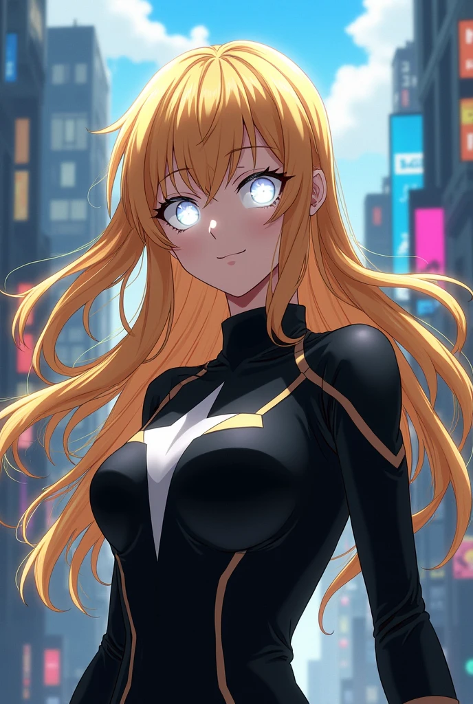Top-quality, best quality, masterpiece, 1girl(18 years old, long blonde hair, golden eyes, medium breasts, slender body), full latex bodysuit(jet black, gold highlights, gold lightning symbol on chest), floating in the sky, background(dark clouds, night sky, lightning strikes behind model)