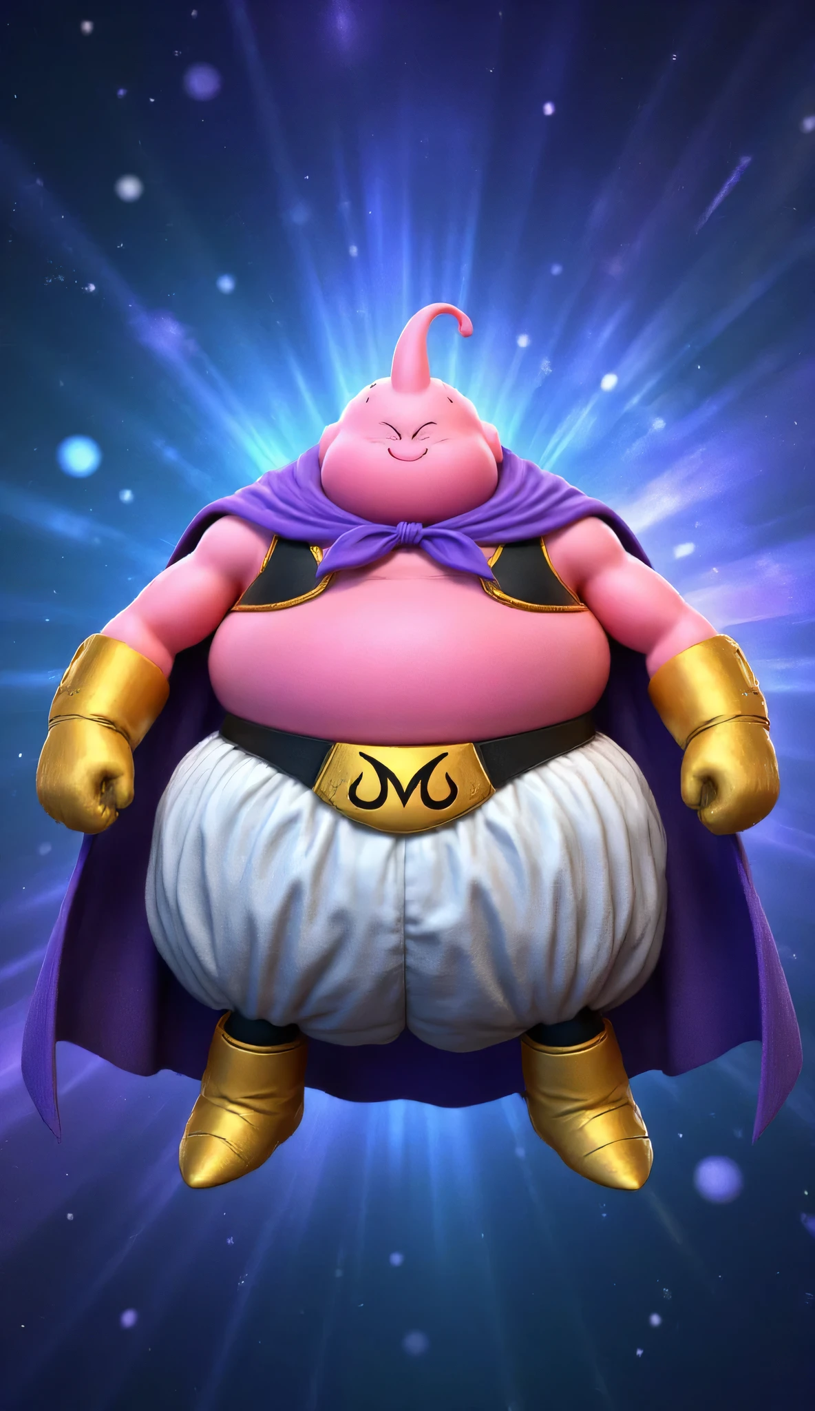 A character resembling Majin Buu from Dragon Ball, large pink body, cheerful and innocent facial expression, wearing loose white pants, a golden belt with an "M" emblem, shiny golden gloves, large golden boots, and a flowing purple cape. Hyper-realistic skin texture with detailed pores, realistic fabric texture, metallic reflections on golden accessories. Ultra-realistic CGI rendering style, Unreal Engine 5 quality, cinematic lighting, ultra-HD textures, smooth volumetric shadows. Background: outer space with bright stars, faint galaxies in the distance, cosmic blue and purple glow effects, epic and majestic atmosphere.