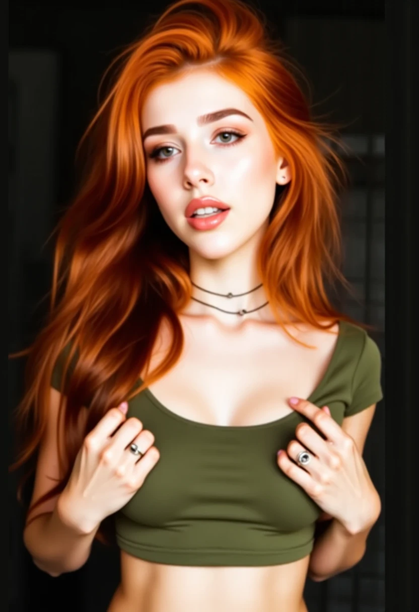 21 year old redhead, solamente, Cabello largo, senos perfectos, Mirando al espectador, cabello largo, hombros desnudos, brown eyes, jewely, cuerpo completo, collar, fuera del hombro, pullover, labios, realista, nariz, flirting with camera