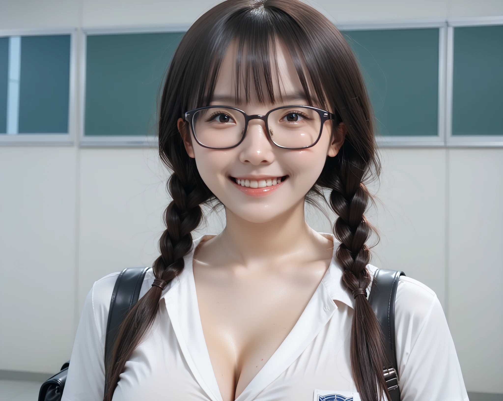 eye glass、chalk board、english、a smile、absolutely outstanding image, very extremely beautiful、masterpiece, top-quality,a picture, kawaii、(Colossal tits:1.2)、,8K,Japan girl realistic young idol、Young cute gravure idol、Young Sensual Gravure Idol、Young gravure idols、model in Japan