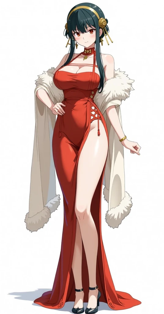 1girl, solo, long hair, breasts, large breasts, simple background, white background, animal ears, cleavage, full body, purple hair, shoes, high heels, sash, shawl