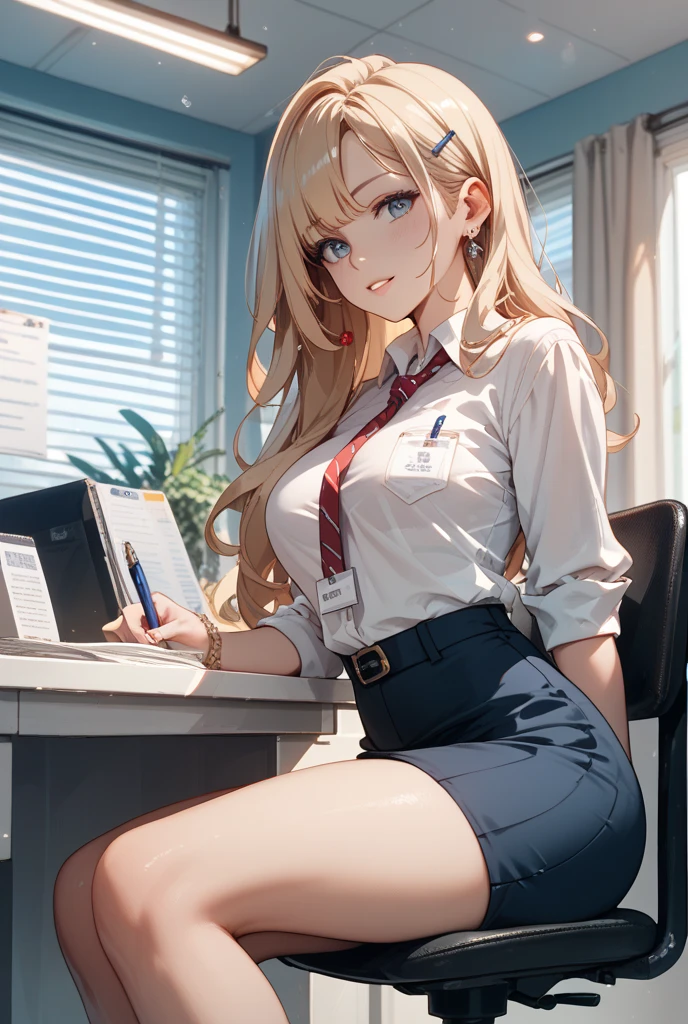 Blond girl, In class, Sitting on desk, With a pink bow on her hear. wearing black , smiling