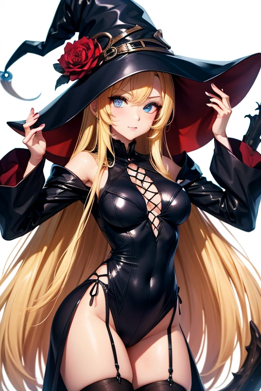 slender, mature female,  breasts, blonde_hair, long_hair, jewelry, gloves, elbow_gloves, earrings, dress, navel, black_gloves, large_breasts, hat, 1girl, rating:safe, blush, black_dress, bare_shoulders, black_headwear, very_long_hair, looking_at_viewer, bangs, thighs, revealing_clothes, cleavage, solo, sidelocks, eyebrows_visible_through_hair, closed_mouth, center_opening, parted_bangs, necklace, red_eyes, hand_on_hip, sleeveless, black_panties, pelvic_curtain, groin, witch_hat, panties, detached_sleeves, stomach, heart, cowboy_shot, standing, mole, underwear, sleeveless_dress
